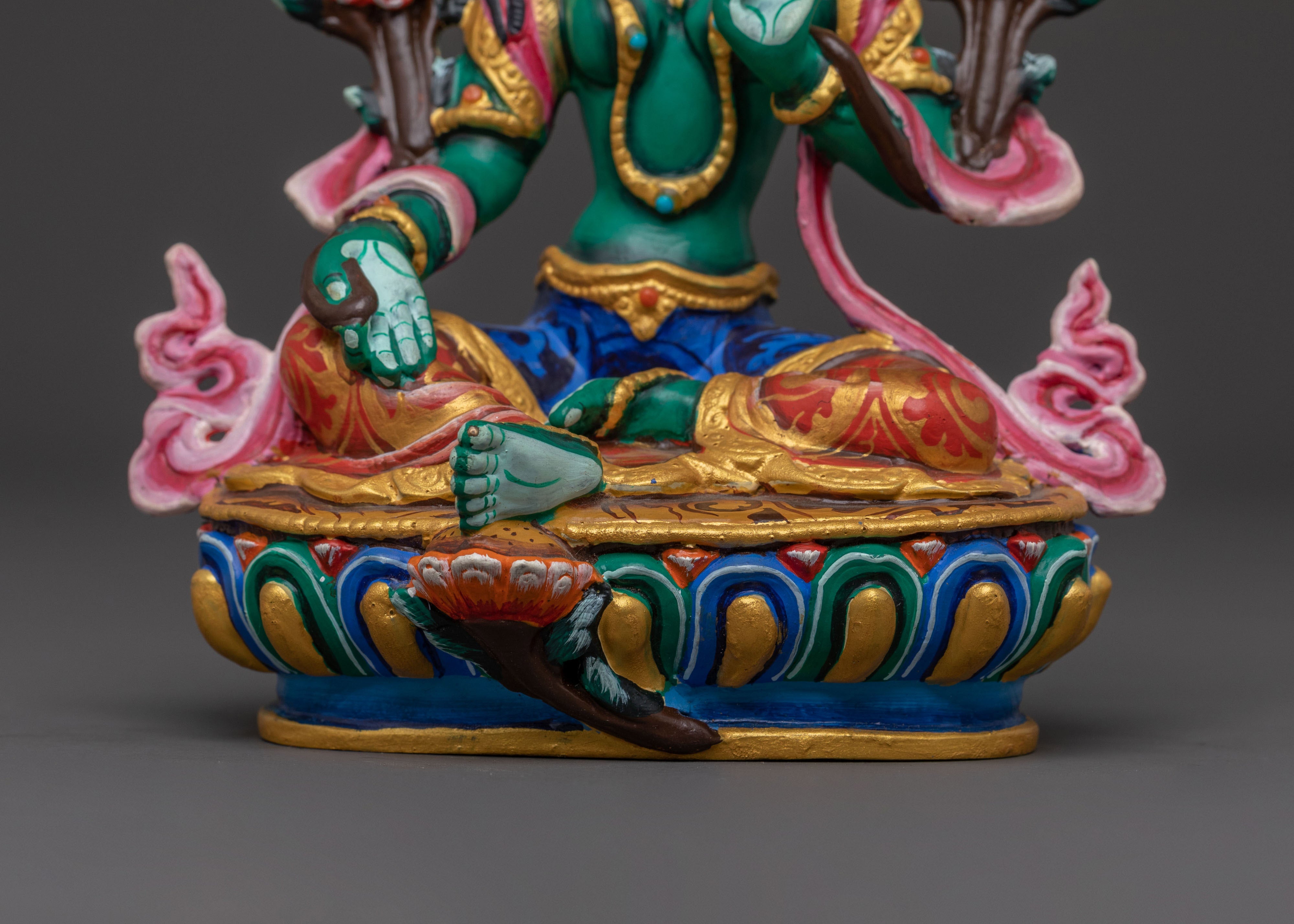 Green Tara Statue with Acrylic Paintings: Goddess of Compassion