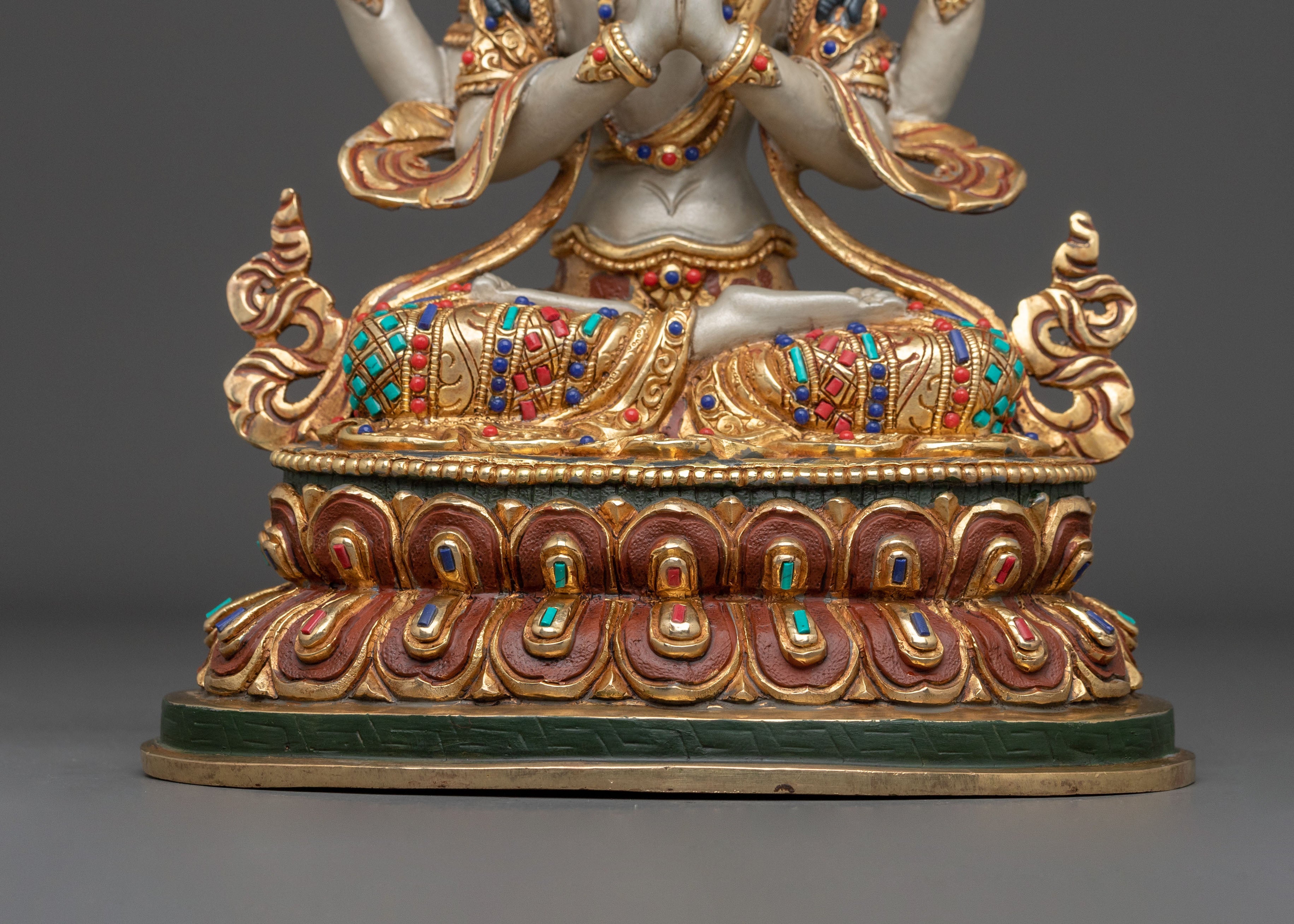 Hand Carved Four Armed Chenrezig Sculpture: Embodiment of Compassion
