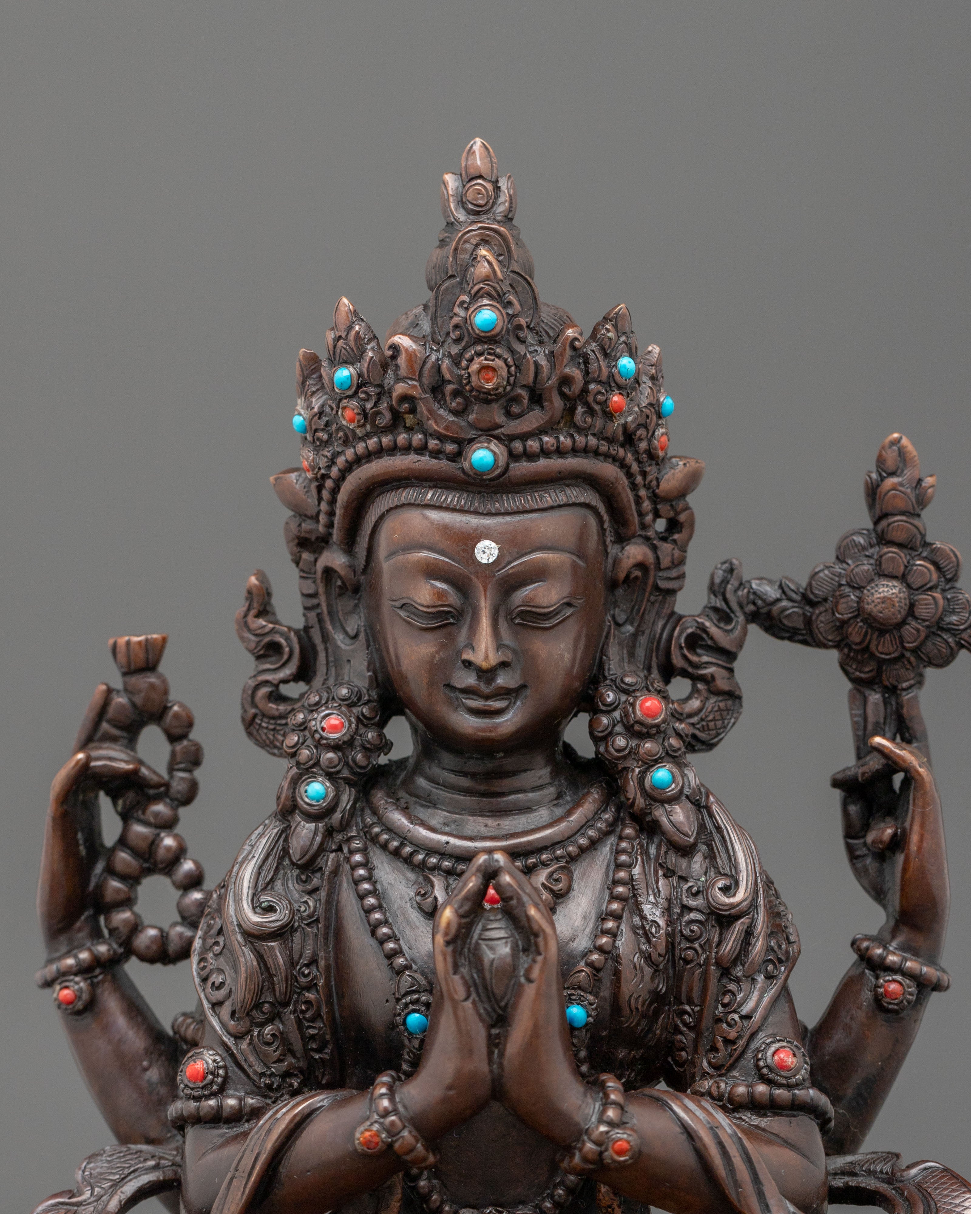 Four-Armed Chenrezig Oxidized Statue | Compassionate Figurine