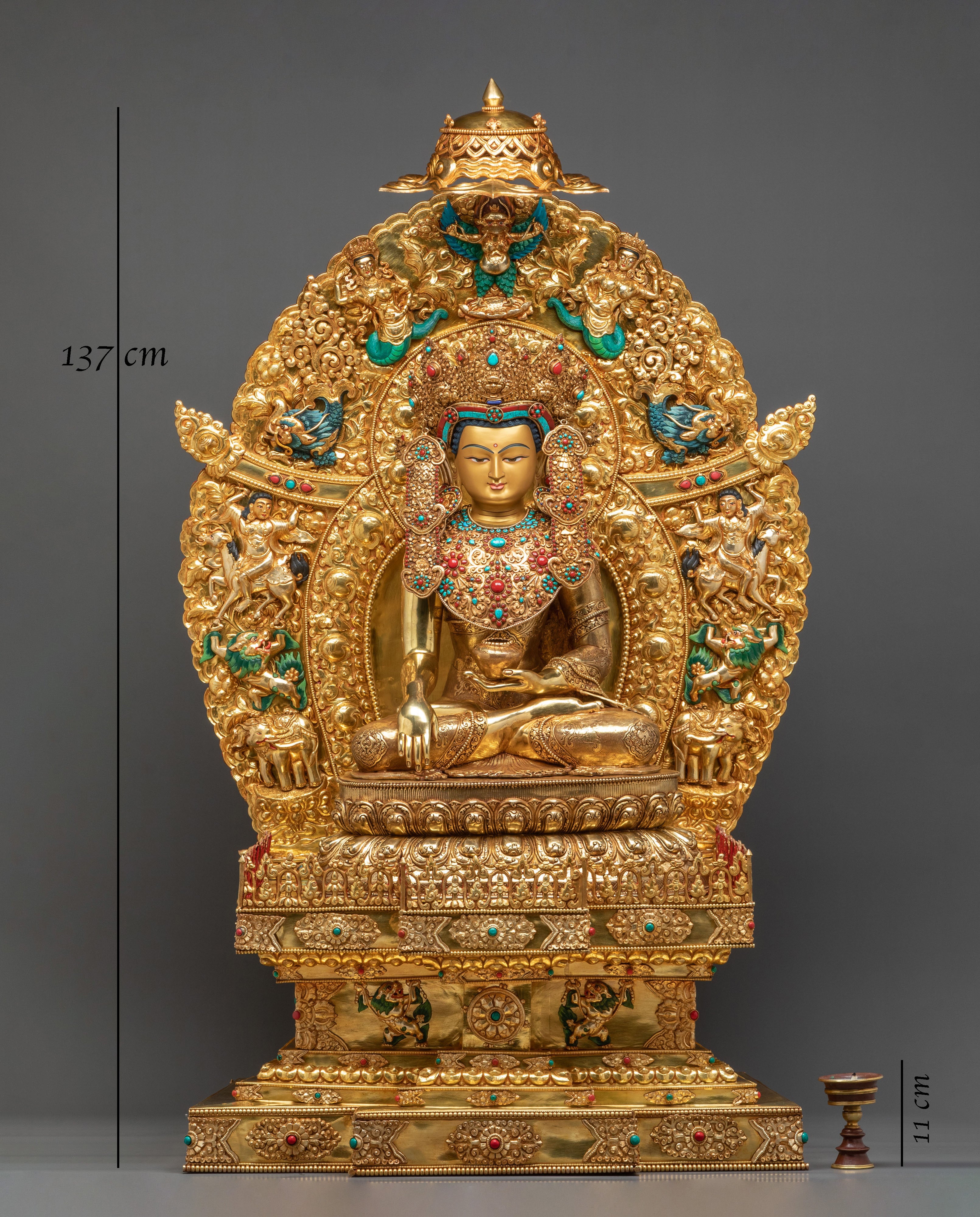 Crown Shakyamuni Buddha Golden Figurine on Throne