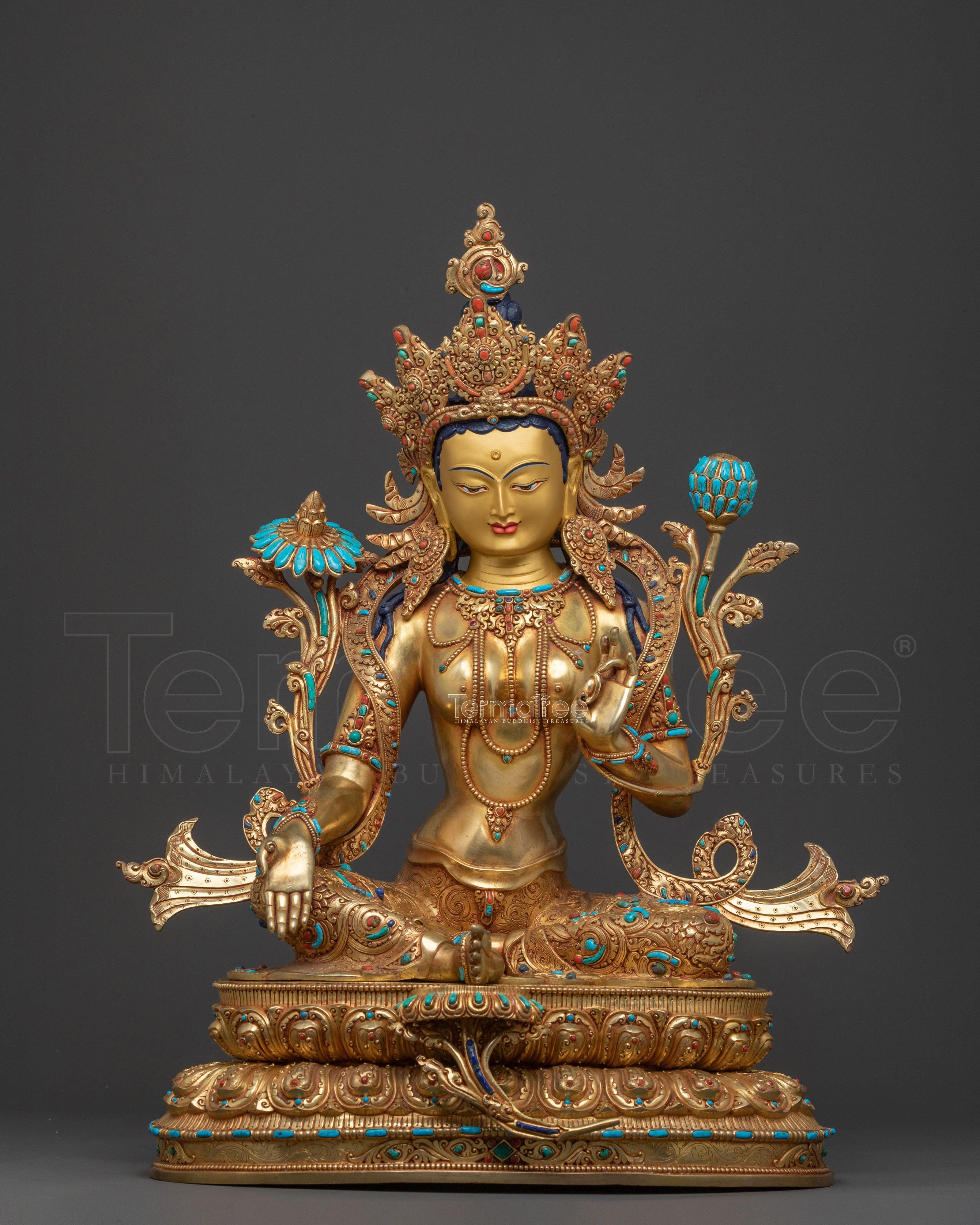 Handcrafted Green Tara Statue | 24K Gold Gilded