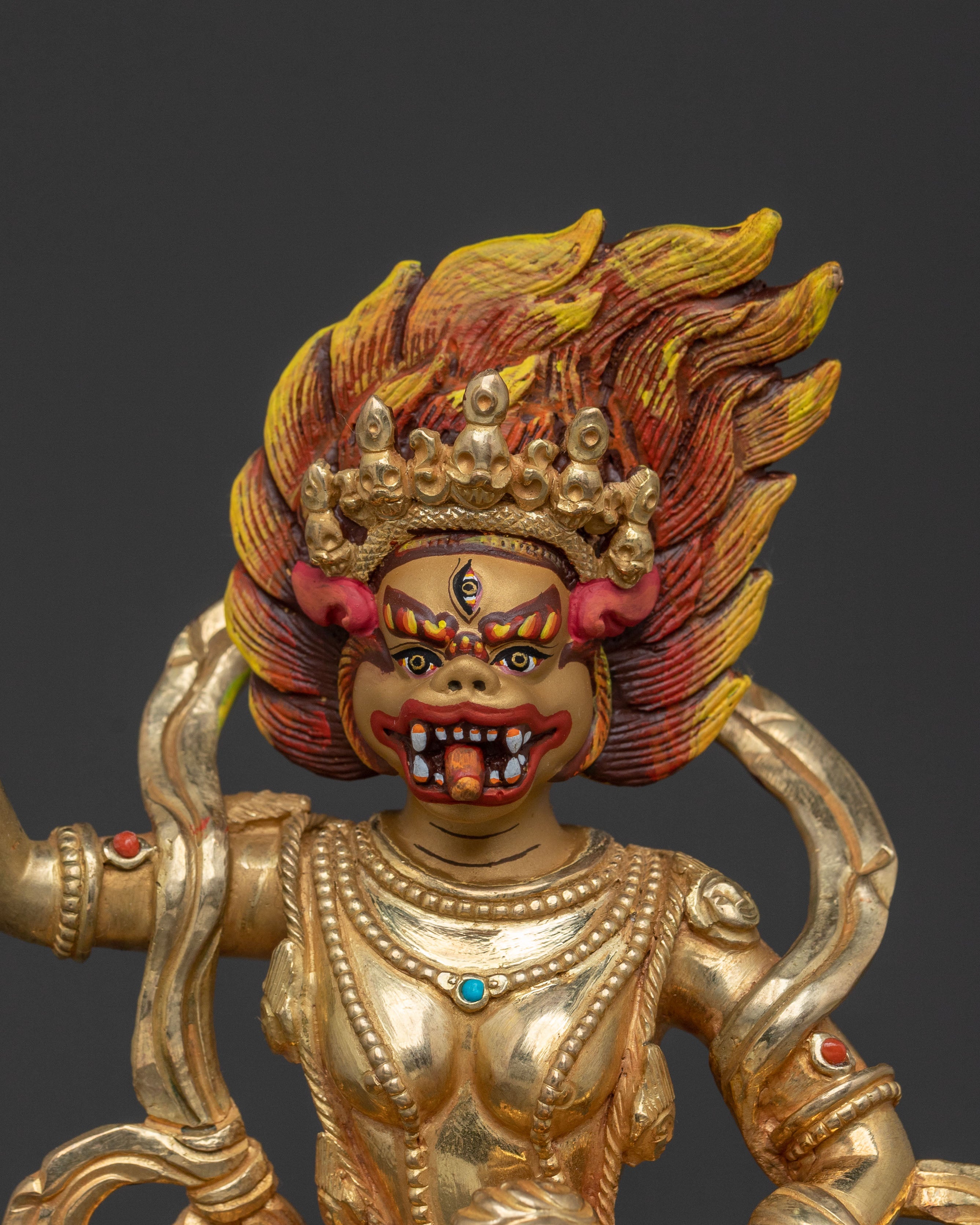 Simhamukha Figure of Power: Hand-Gilded Copper