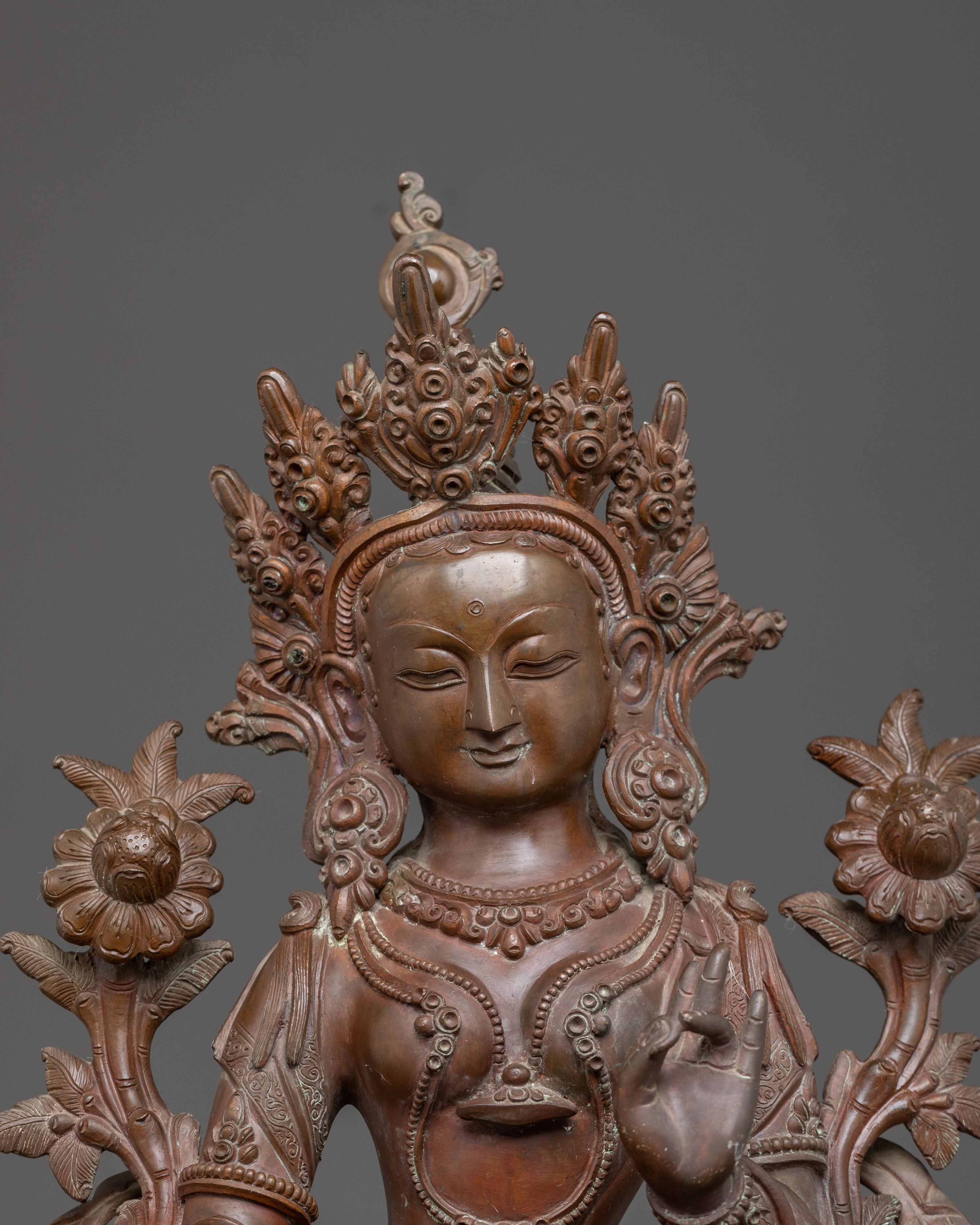Green Tara Statue Buddhist Compassionate Mother - Antique Oxidized Copper