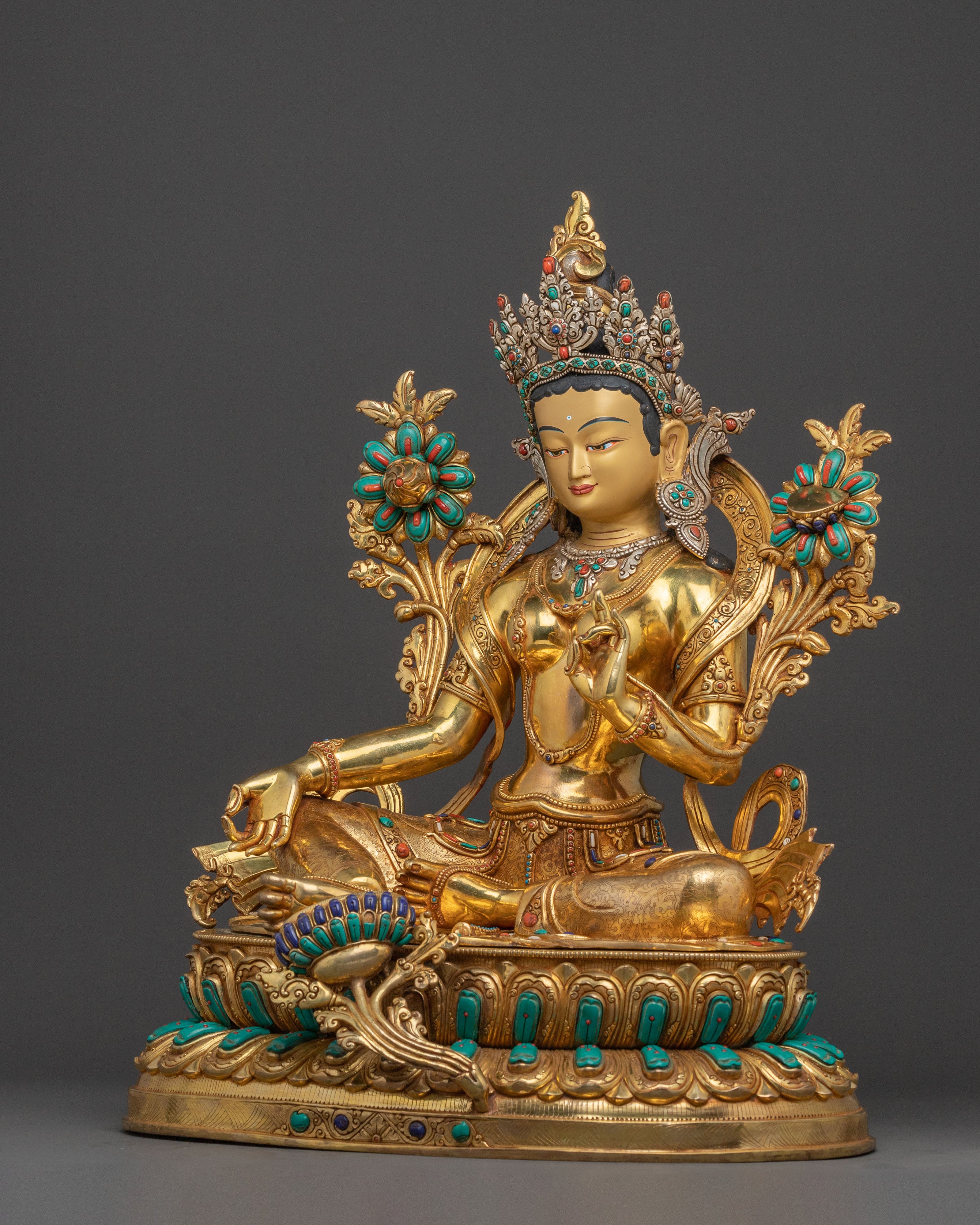 Green Tara Goddess Golden Statue - Triple Layer of 24K Gold Gilding