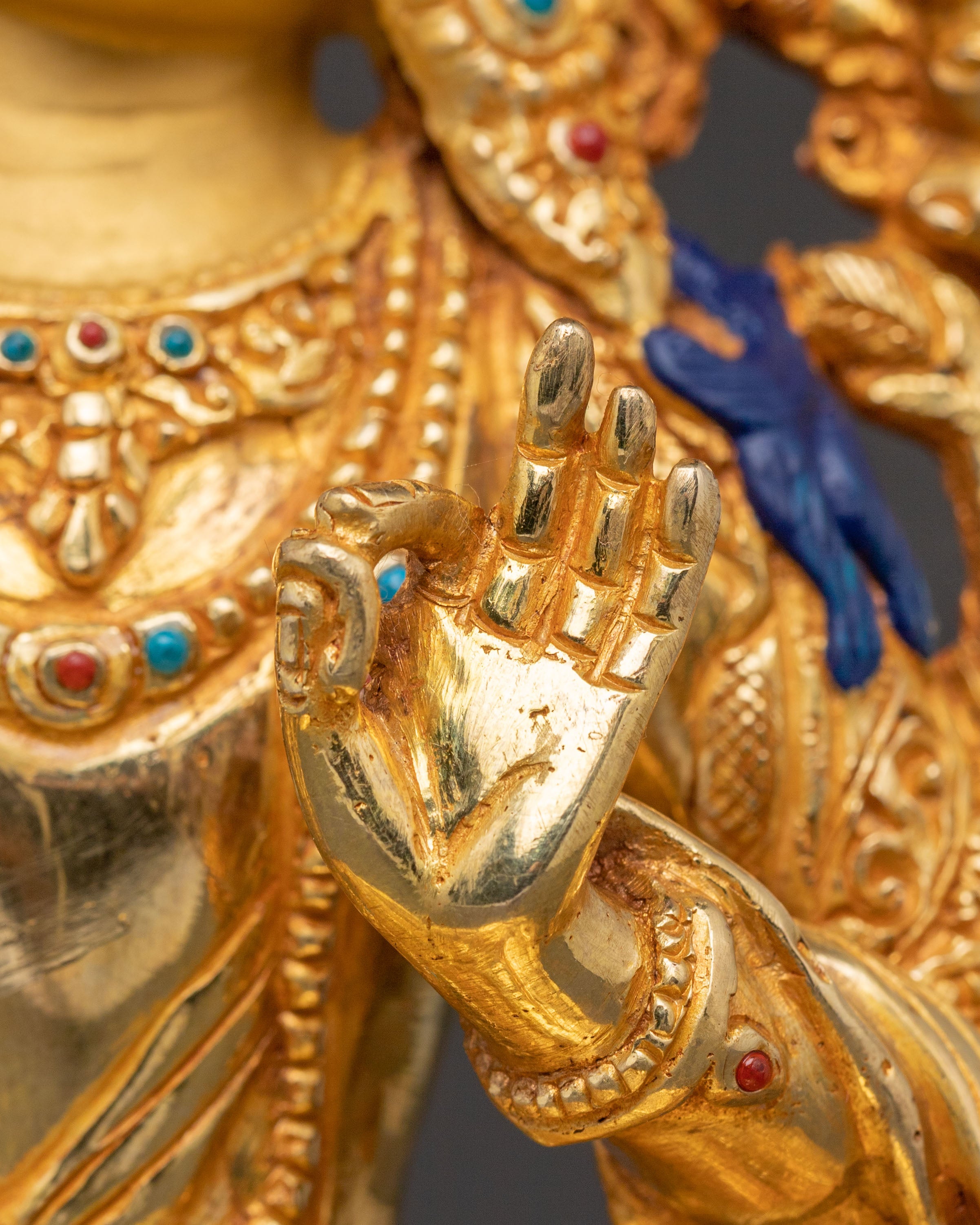 Handcrafted Manjushri Sacred Statue – Gilded Copper & Gemstone Art