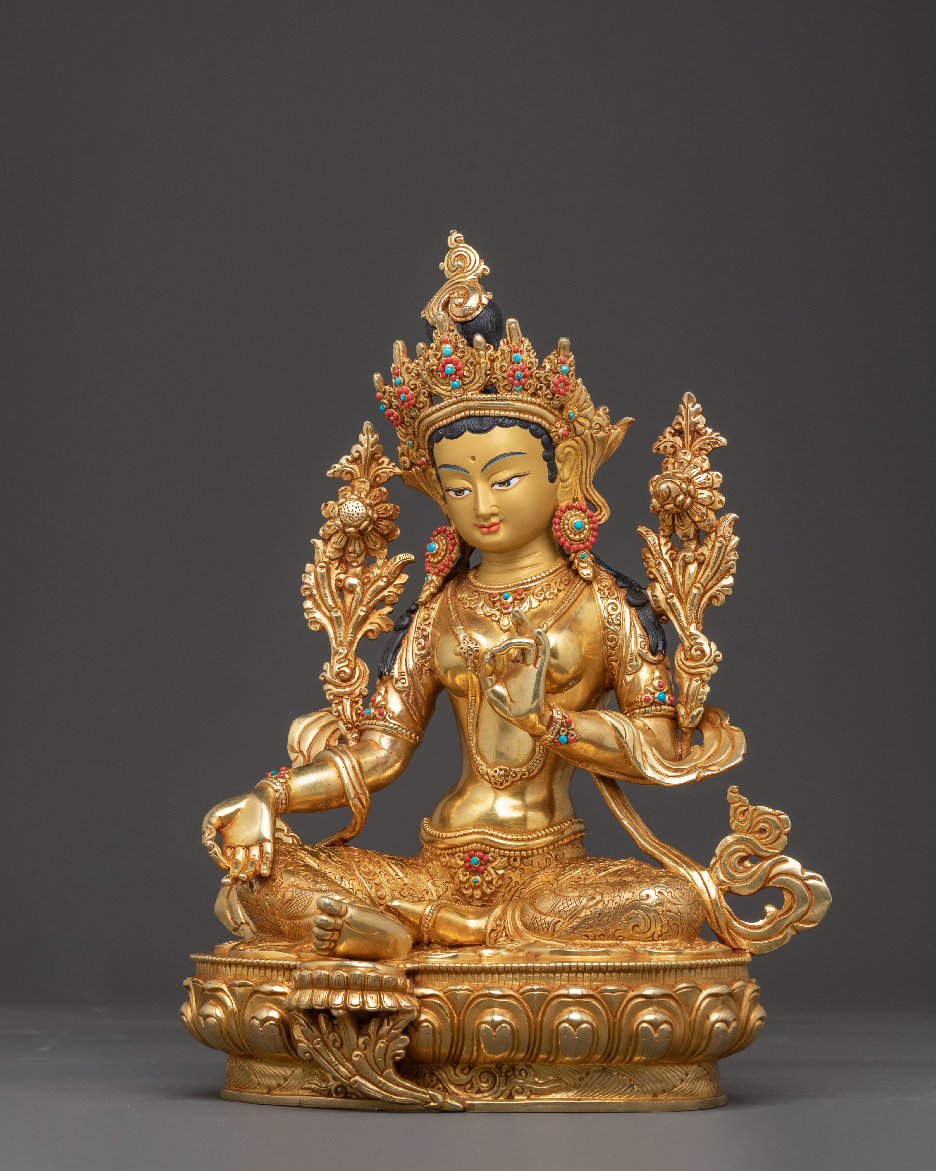 Green Tara Blessing Statue: Handcrafted in 24K Gold