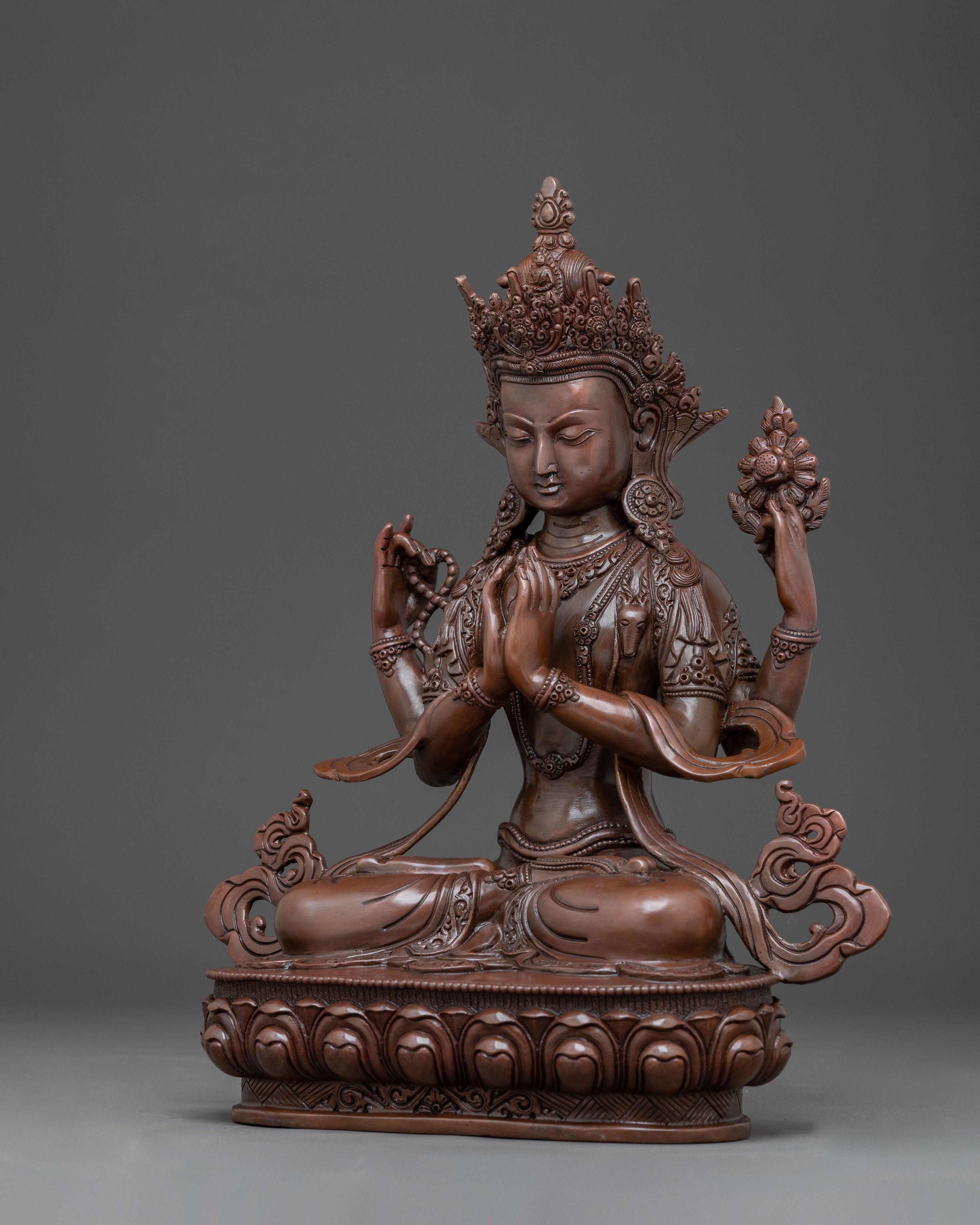 Oxidized Copper Four-Armed Chenrezig Statue | Bodhisattva of Compassion