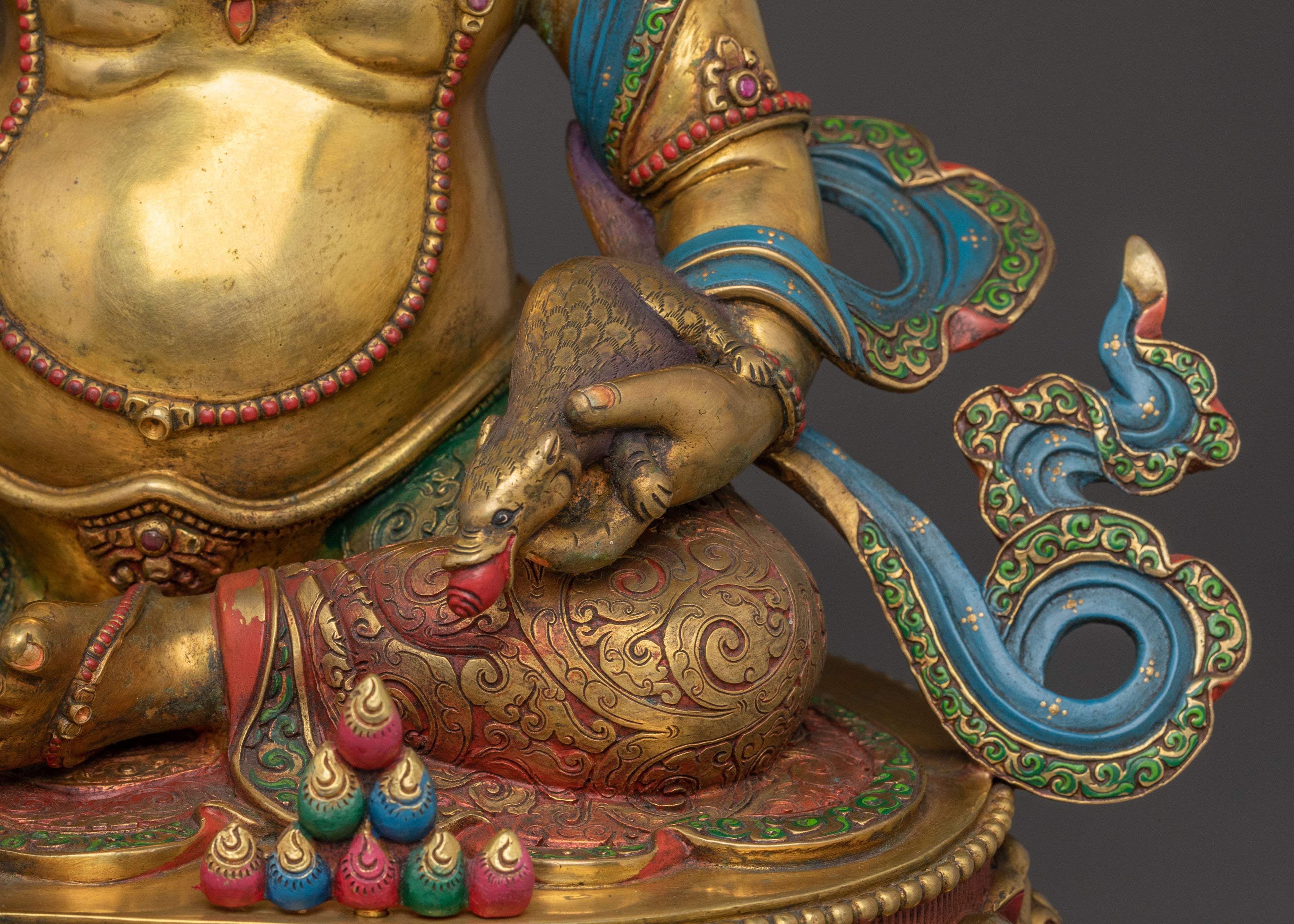 Divine Statue of Dzambhala on Throne: 24K Gold Gilded Masterpiece