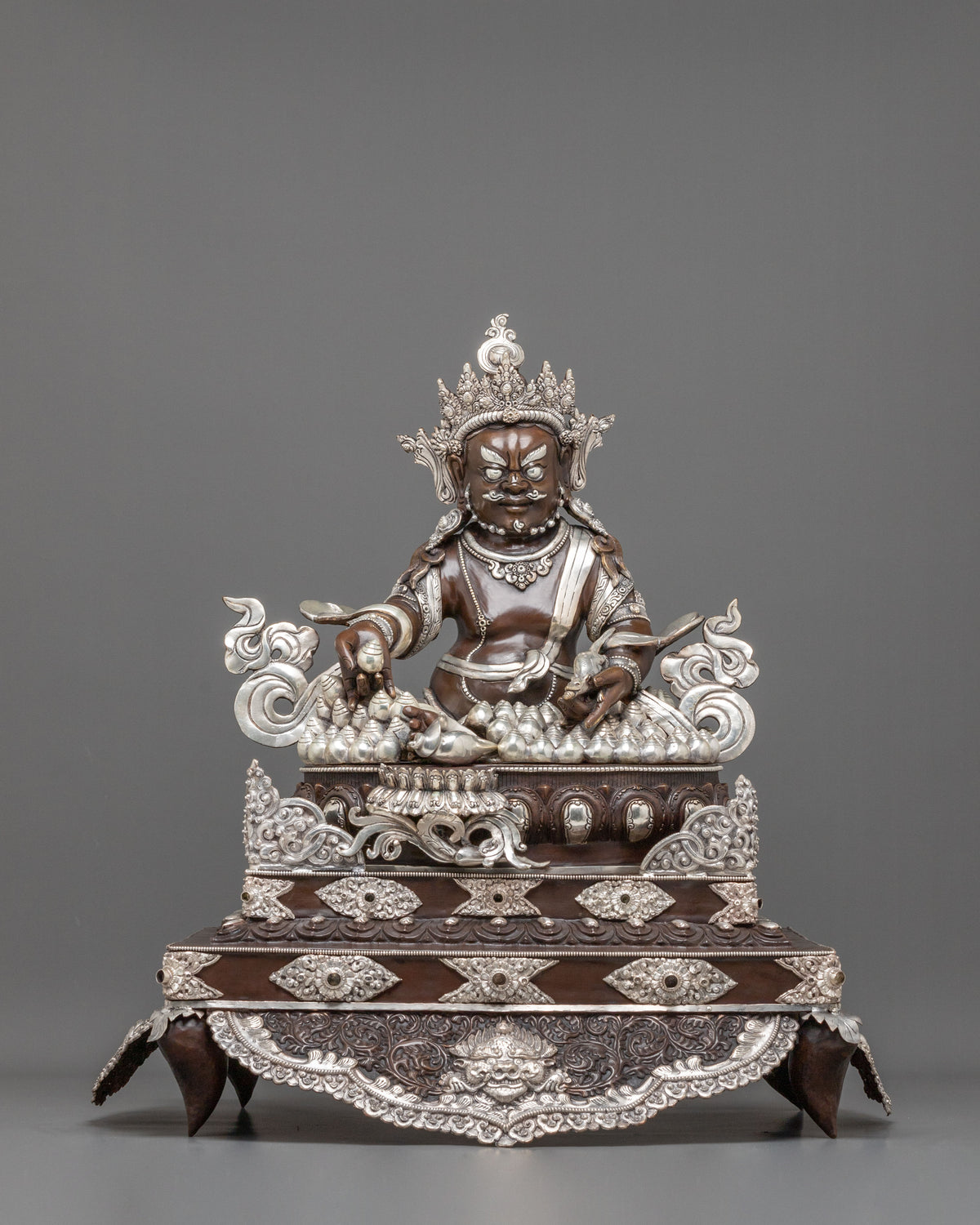 Dzambhala Statue on Throne | Oxidized Copper Figurine with Silver Plating