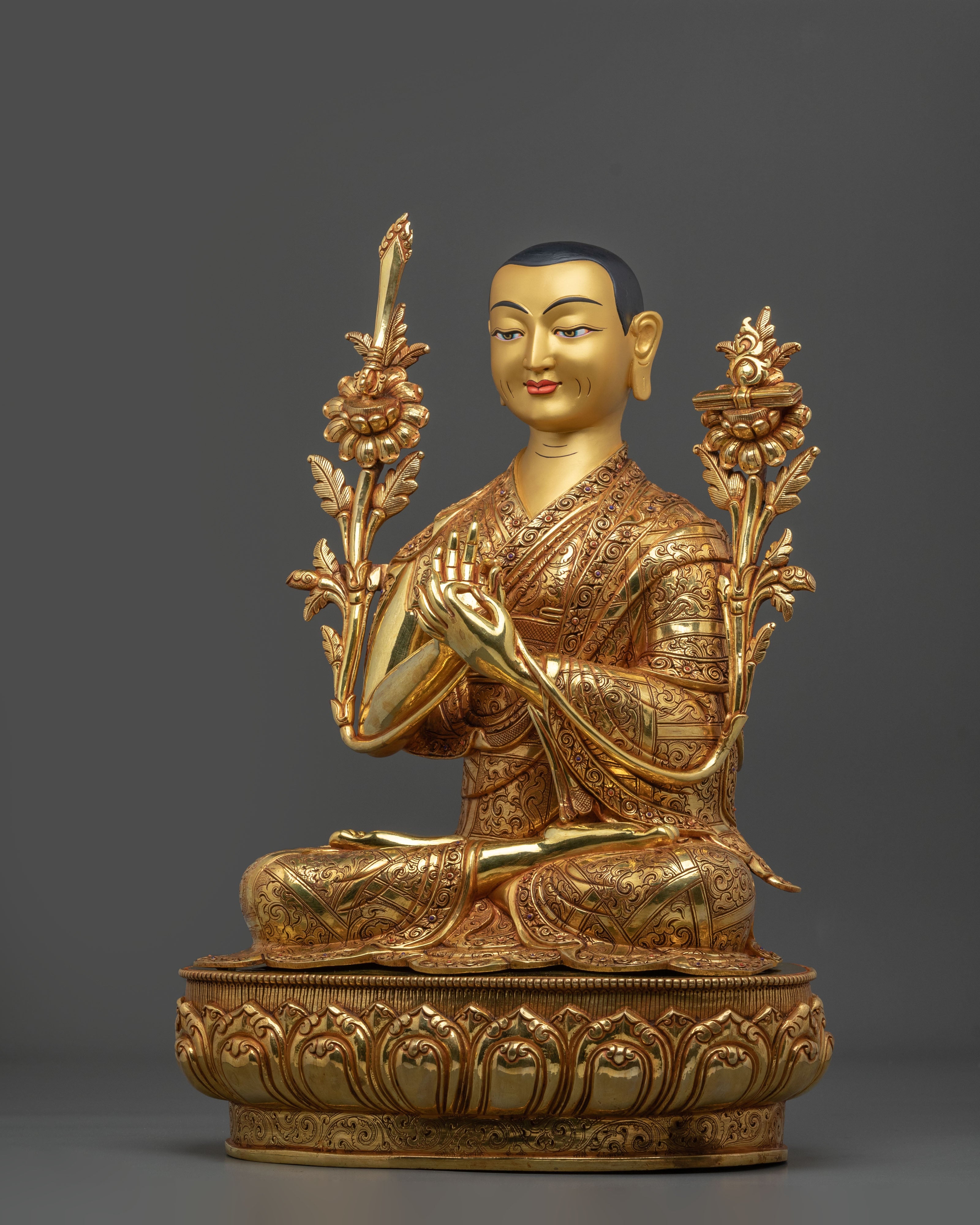 Tsongkhapa with Two Disciples Altar Sculpture | 24K Gold Glided
