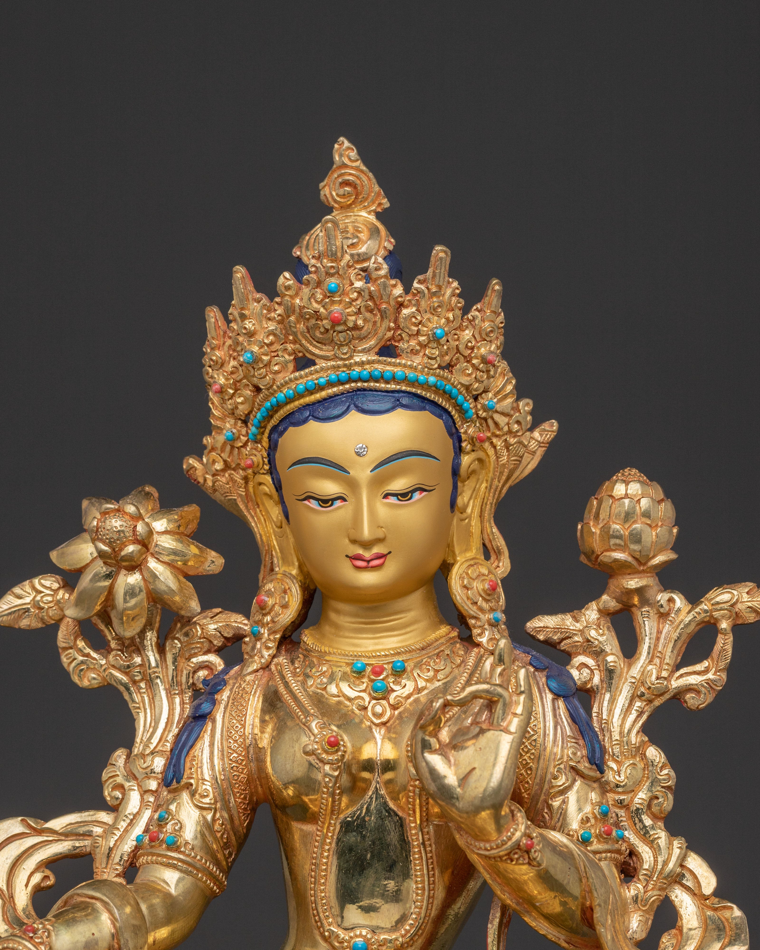 Green Tara Statue: Radiant 24K Gold Gilded Sculpture