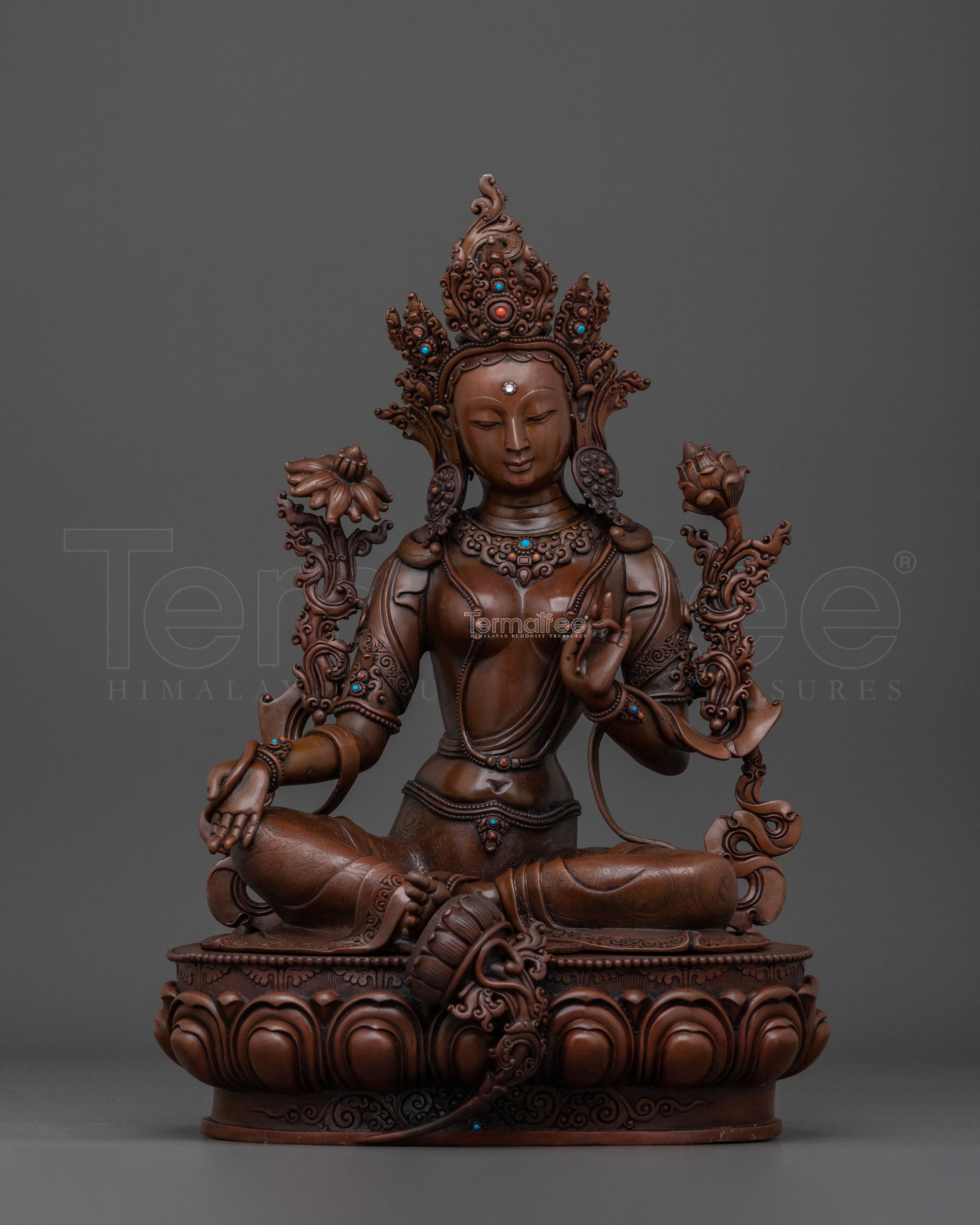 Compassion Goddess Green Tara: Oxidized Copper Sculpture