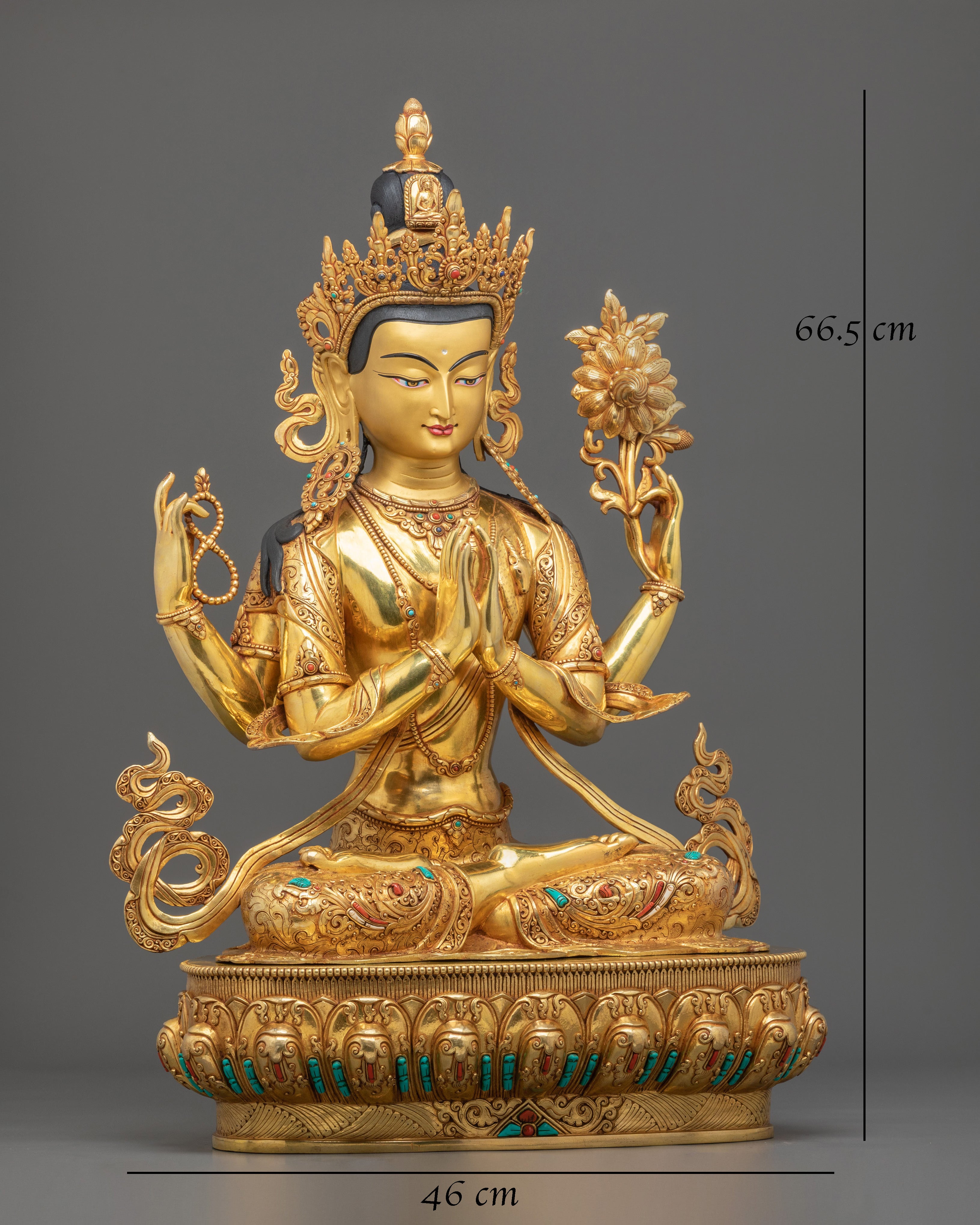 Four-Armed Chenrezig Statue | Exquisite 24K Gold Gilded Sculpture