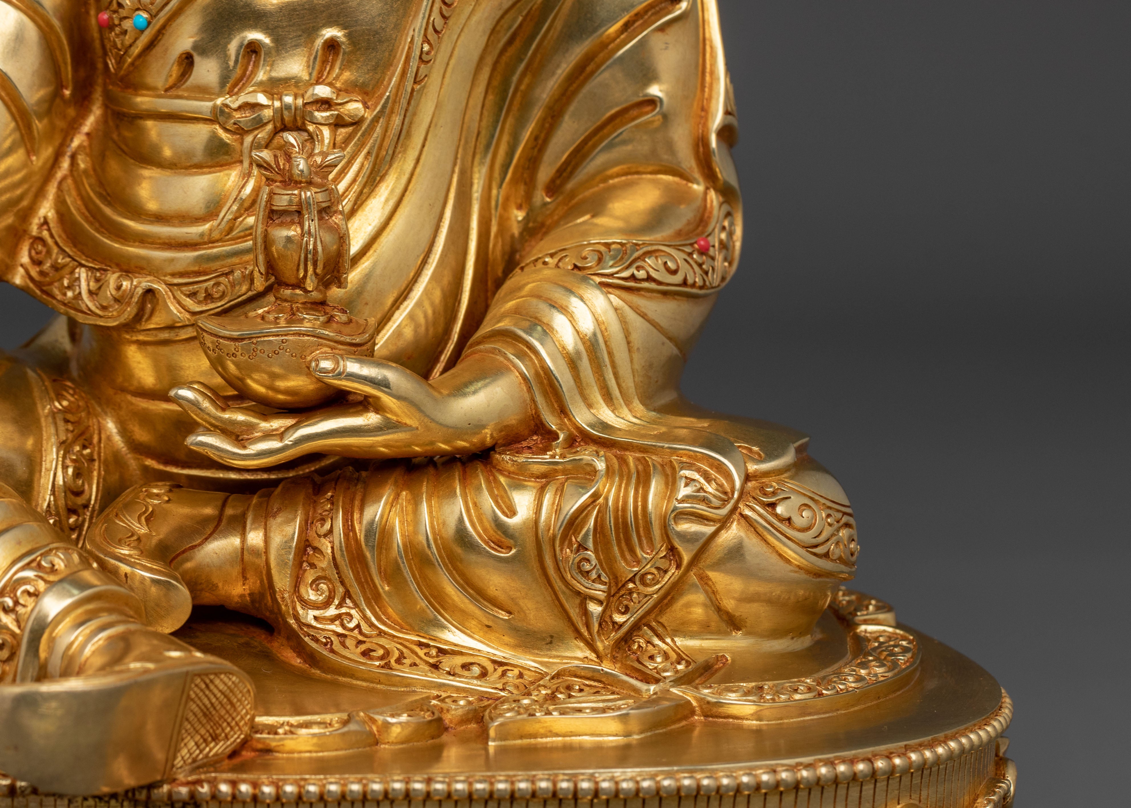 Buddhist Precious Figurine of Guru Rinpoche in Glimmering 24K Gold