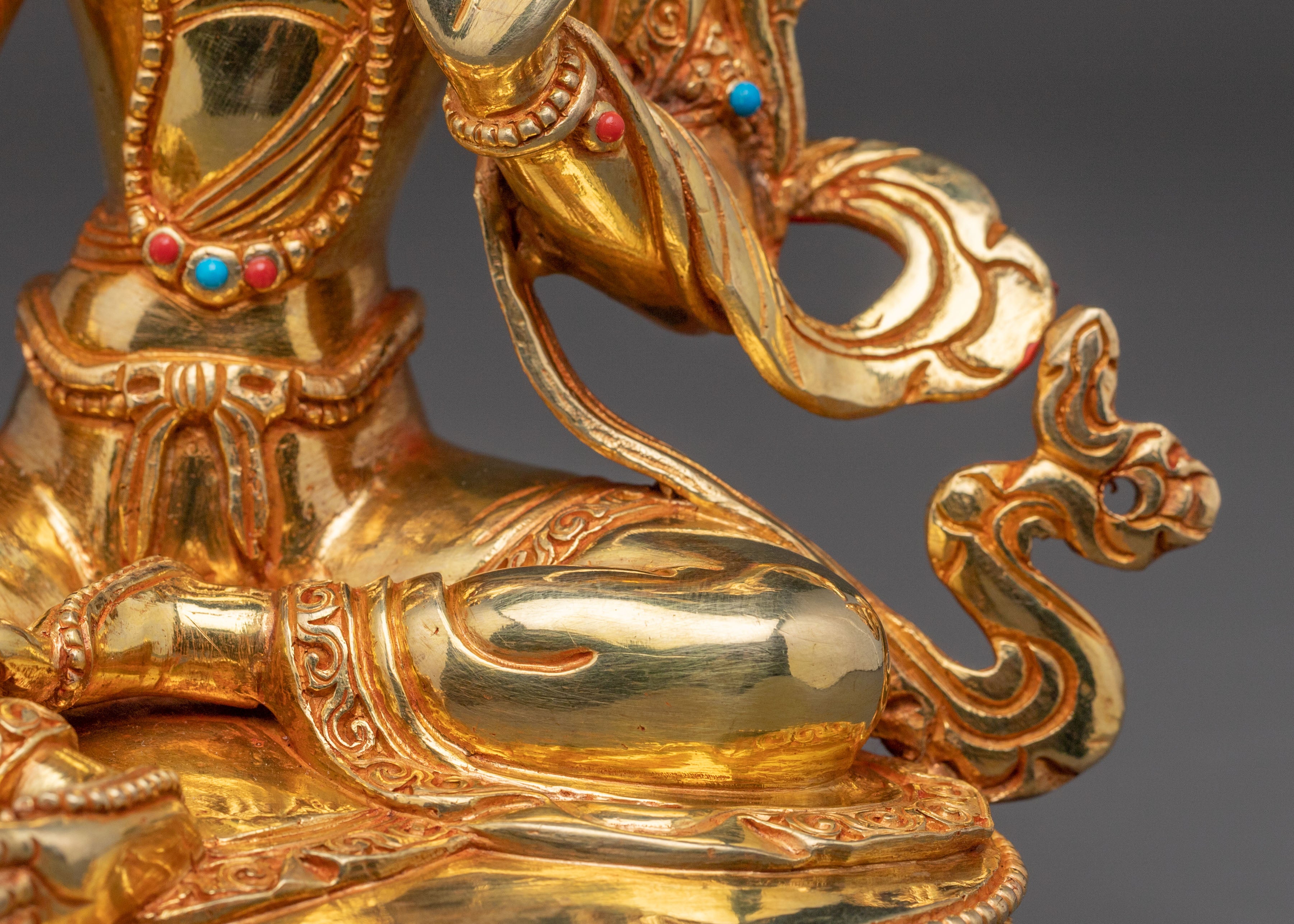 Gold Glided Green Tara Statue - Handcrafted Copper Artwork