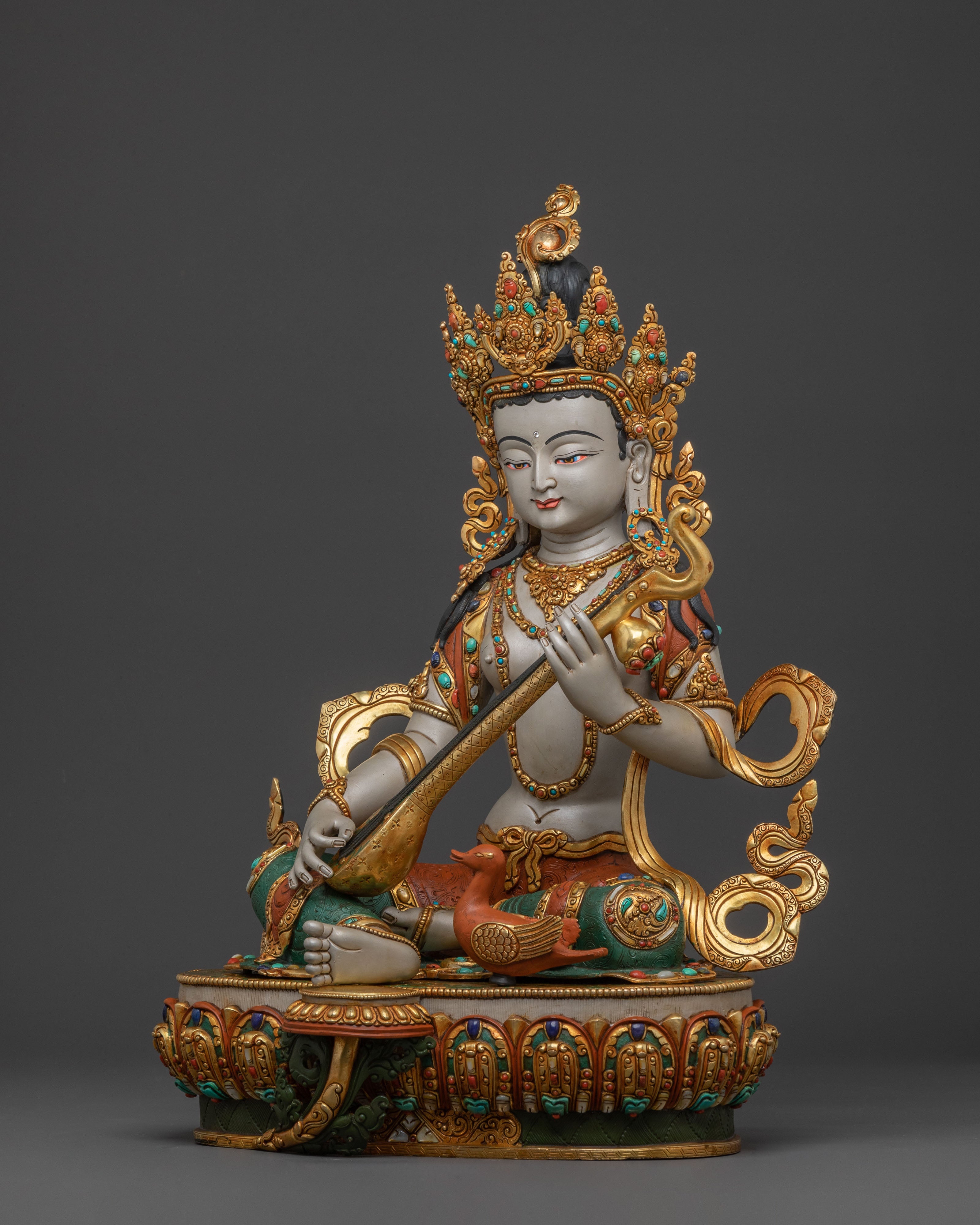 Saraswati Goddess of Knowledge Statue – 24K Gold Gilded Masterpiece