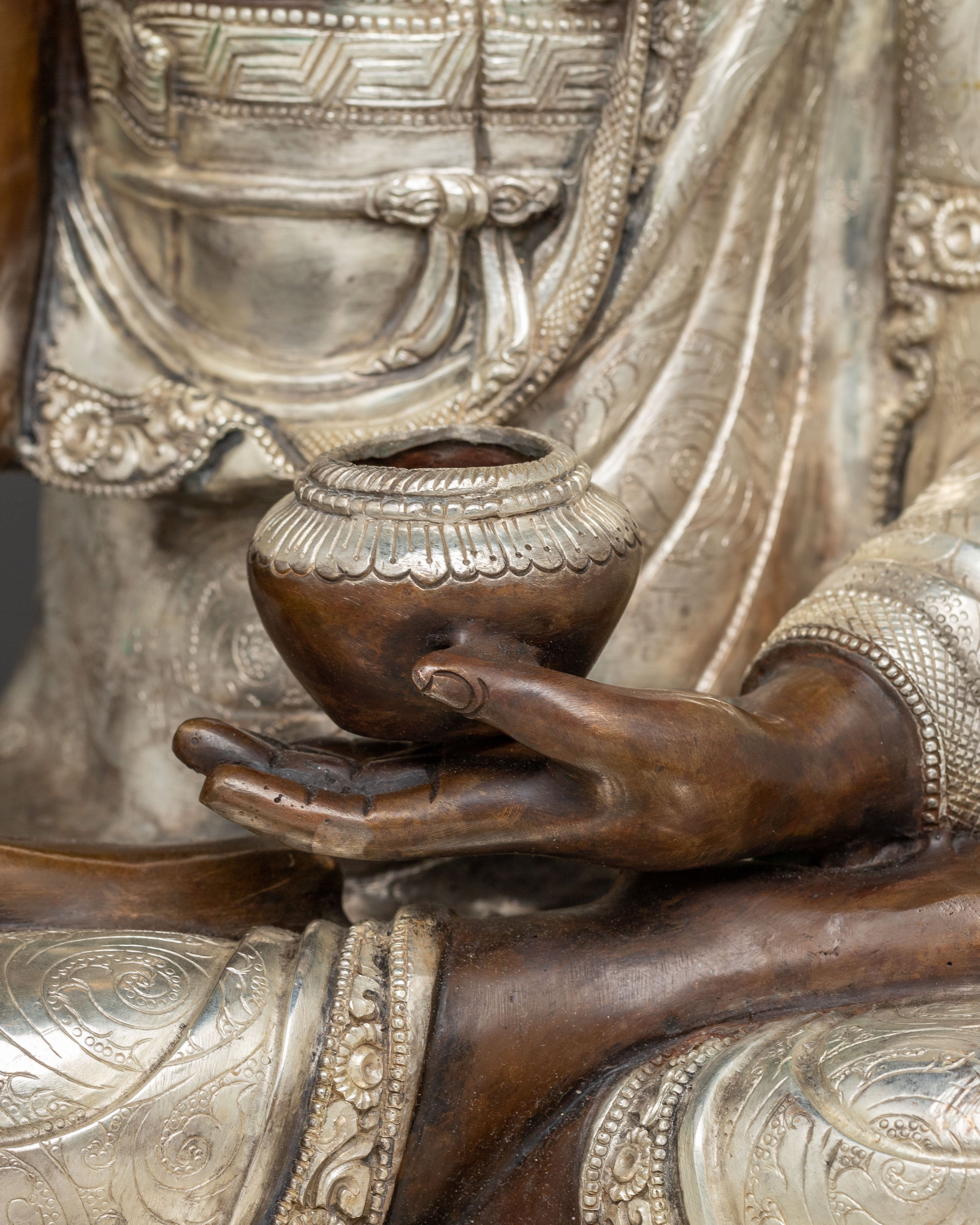 Silver-Plated Shakyamuni Buddha Copper Statue | A Sacred Vision of Enlightenment