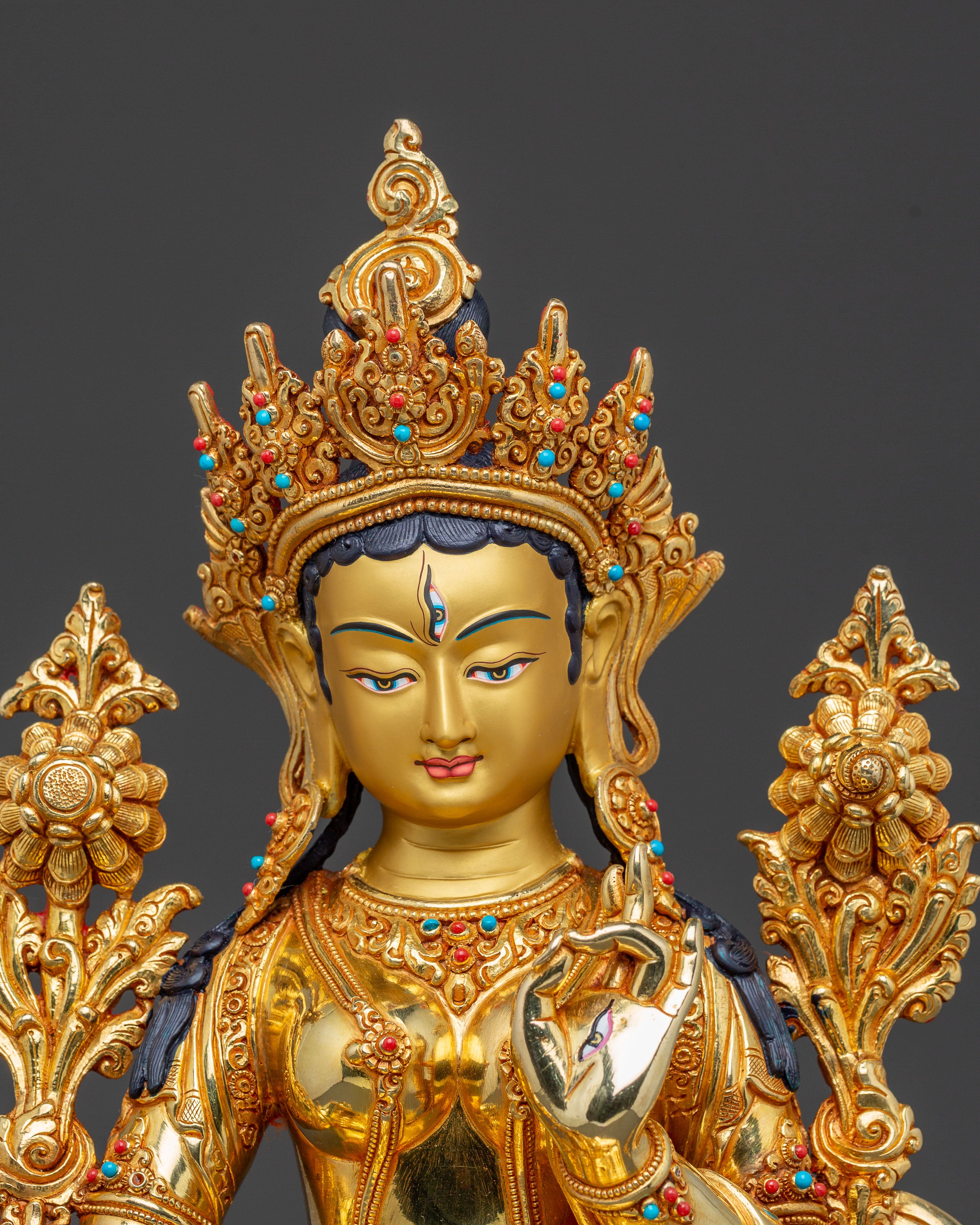 Handcrafted White Tara Spiritual Statue: 24K Gold Gilded Masterpiece