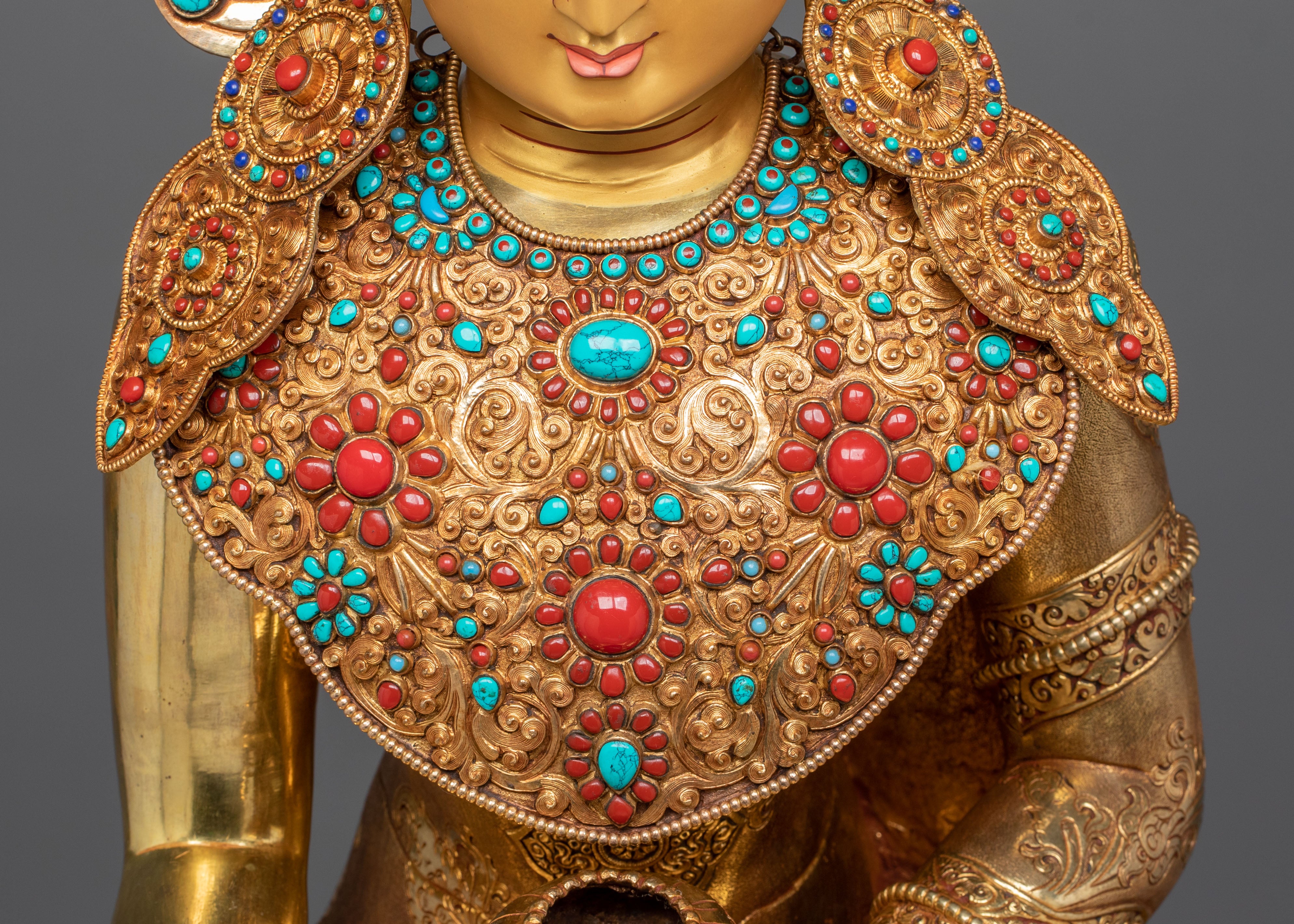 Crown Shakyamuni Buddha Golden Figurine on Throne