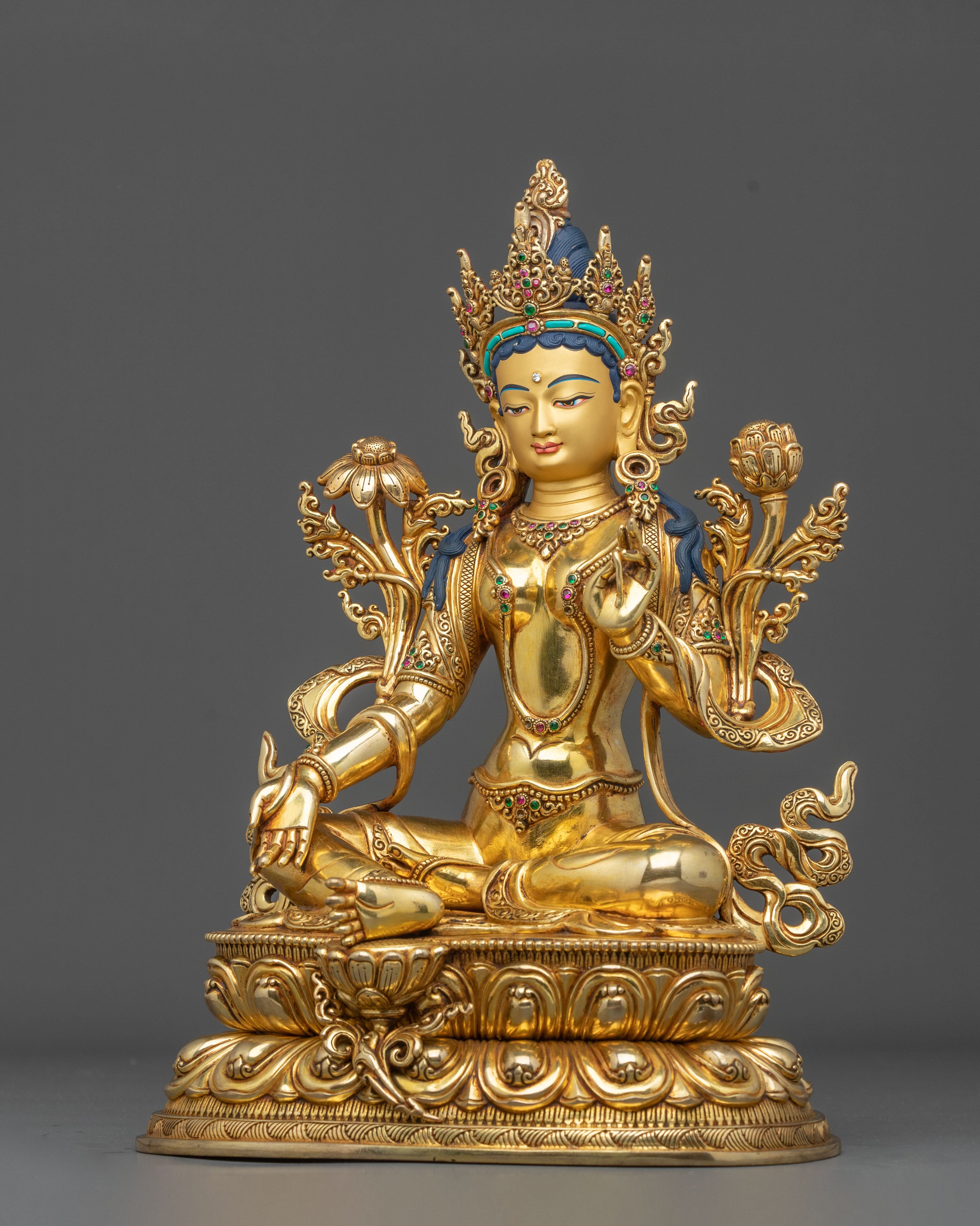 Green Tara 24K Gold Gilded Sculpture | Buddhist Protector