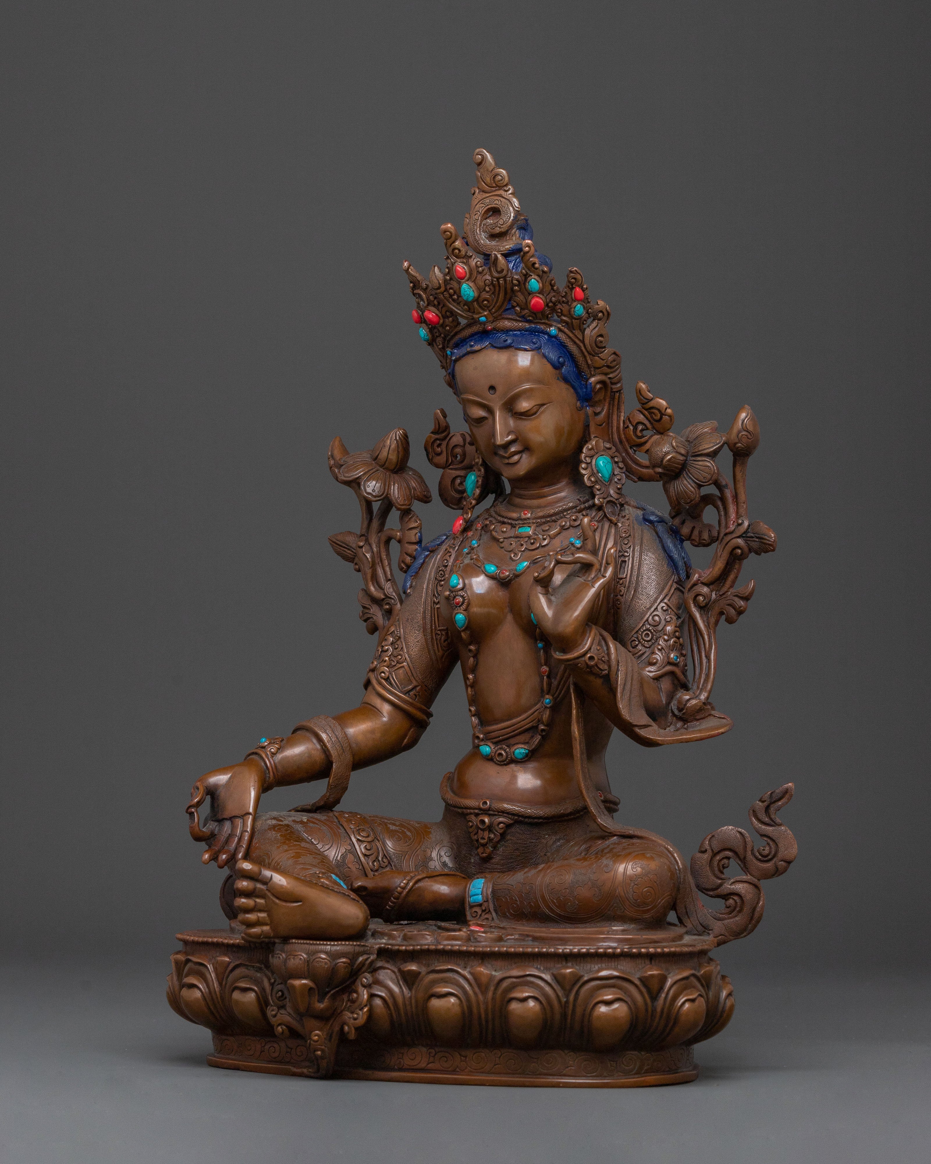 Green Tara Oxidized Copper Statue: Protector Goddess