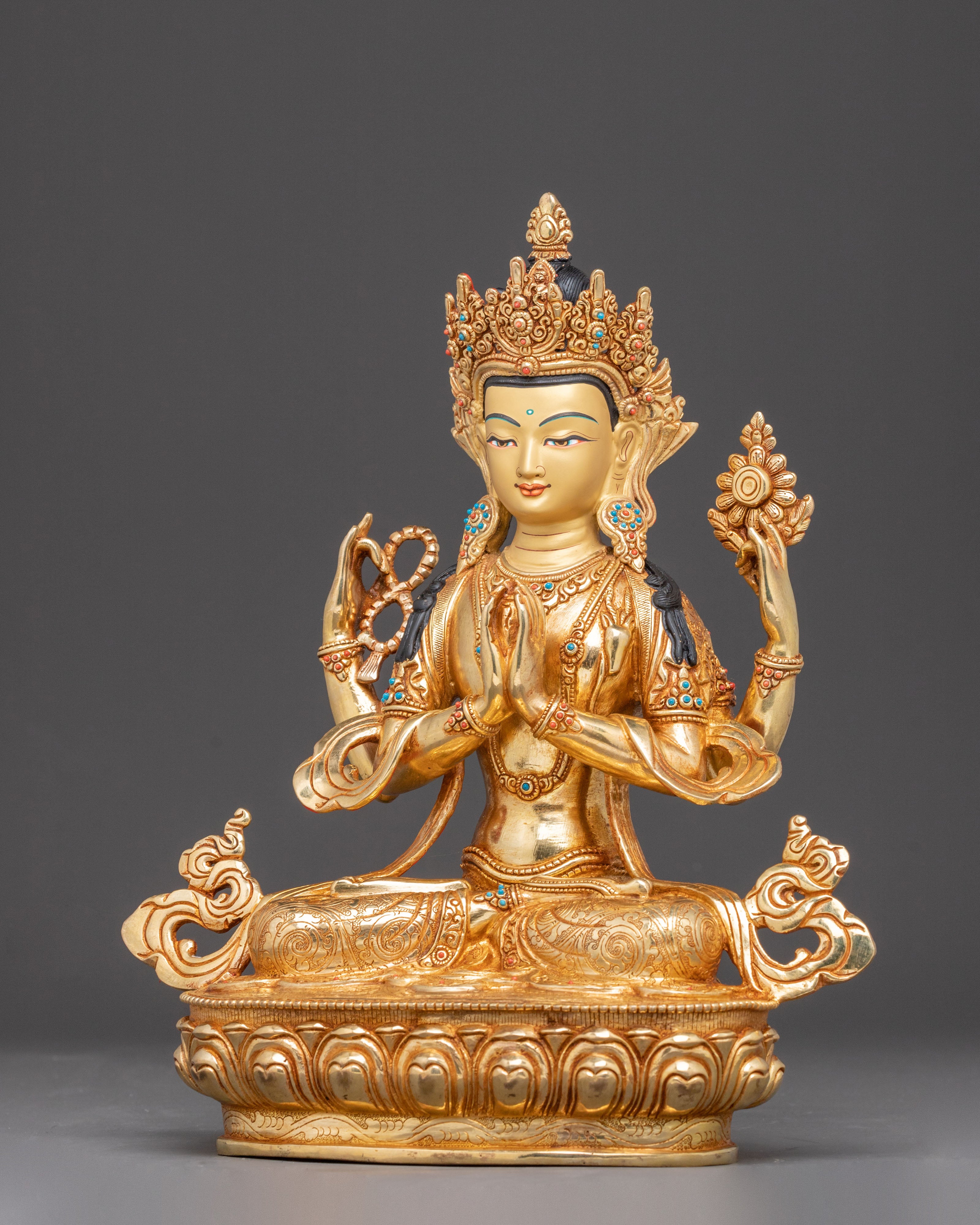 Handcrafted Golden Artwork of Four-Armed Chenrezig