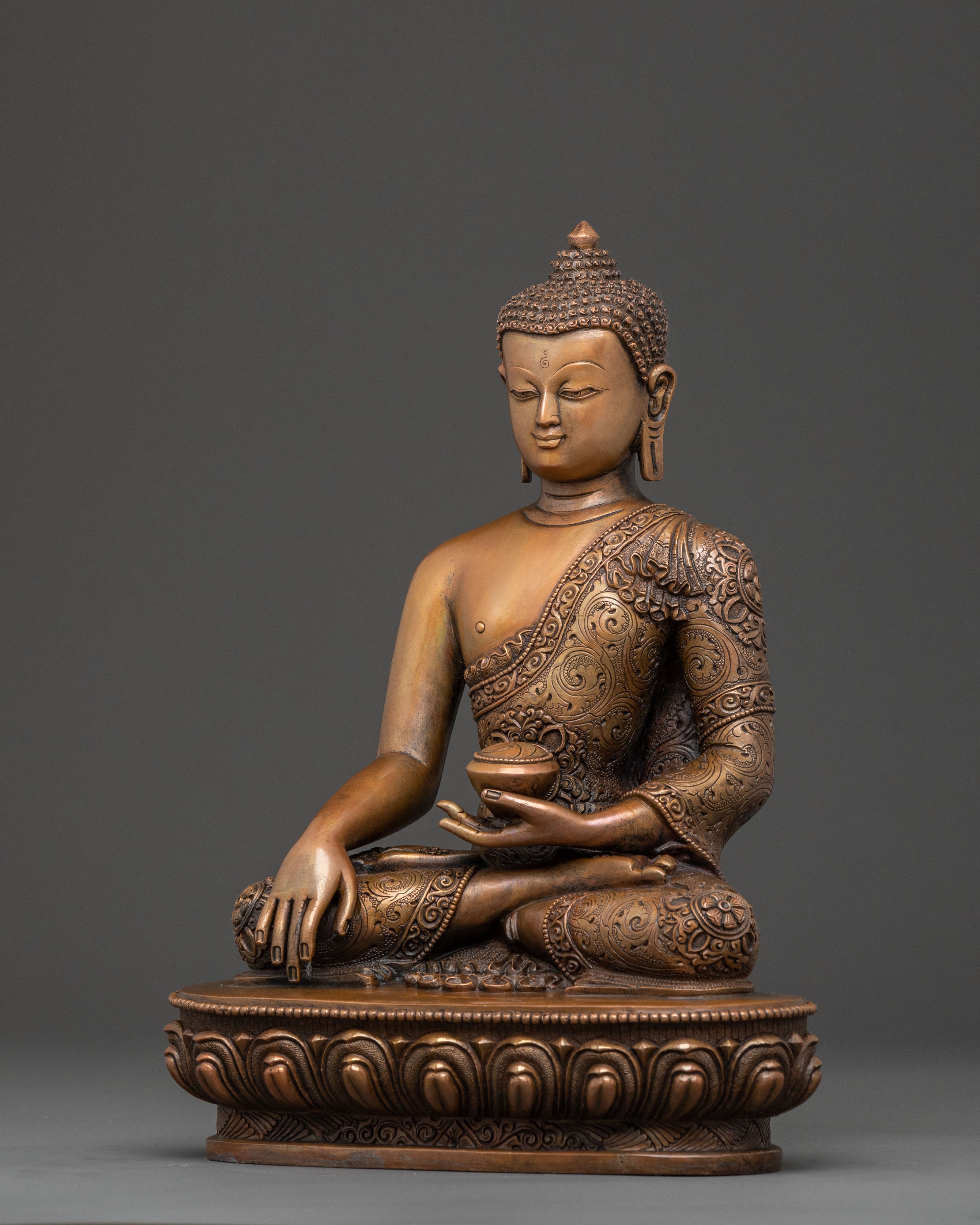 Handcrafted Copper Shakyamuni Buddha Statue - Artisanal Patina