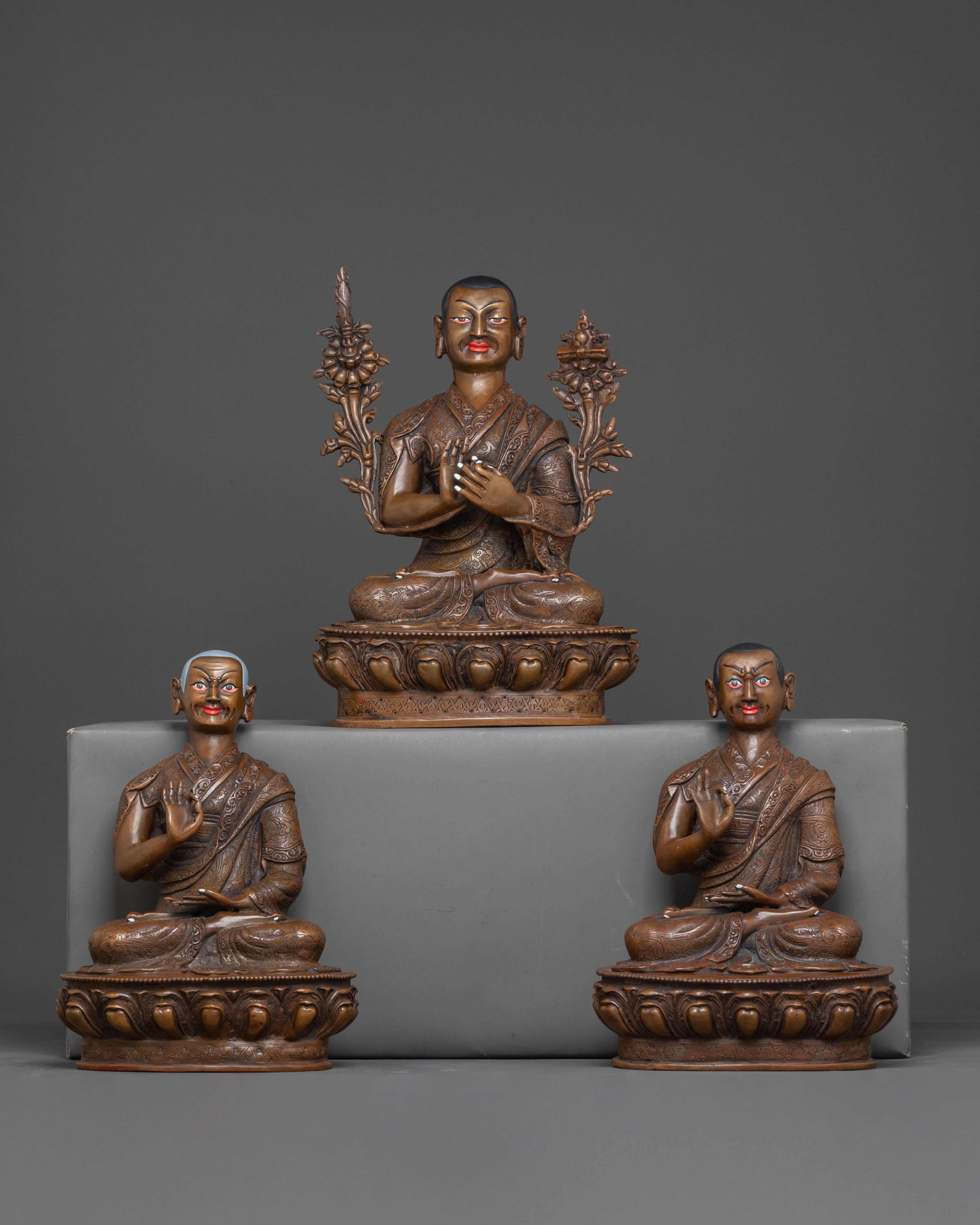 Oxidized Copper Tsongkhapa with Disciples Sacred Statue – Ancient Patina