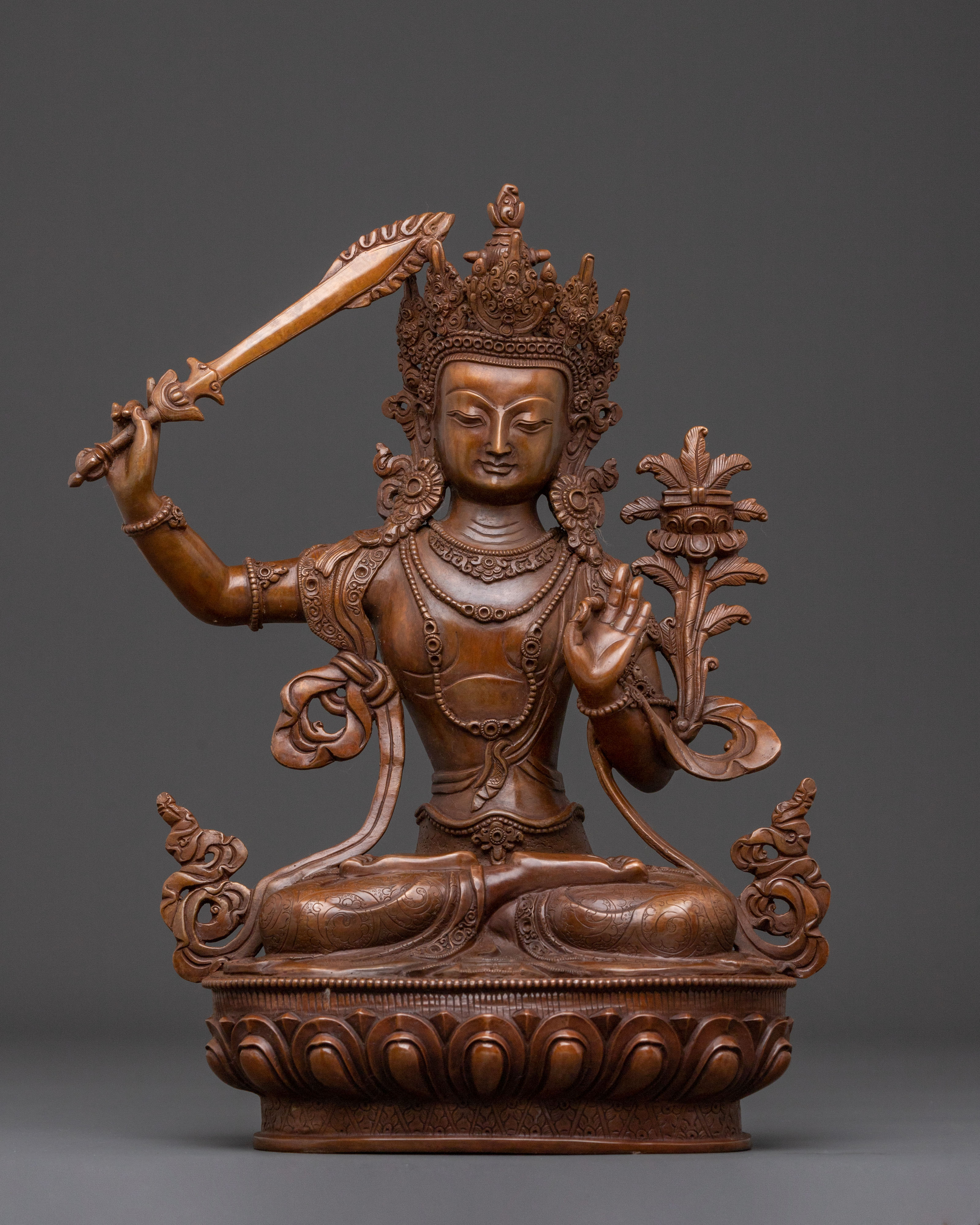 Manjushri Bodhisattva Statue for Altar - Oxidized Copper Finish