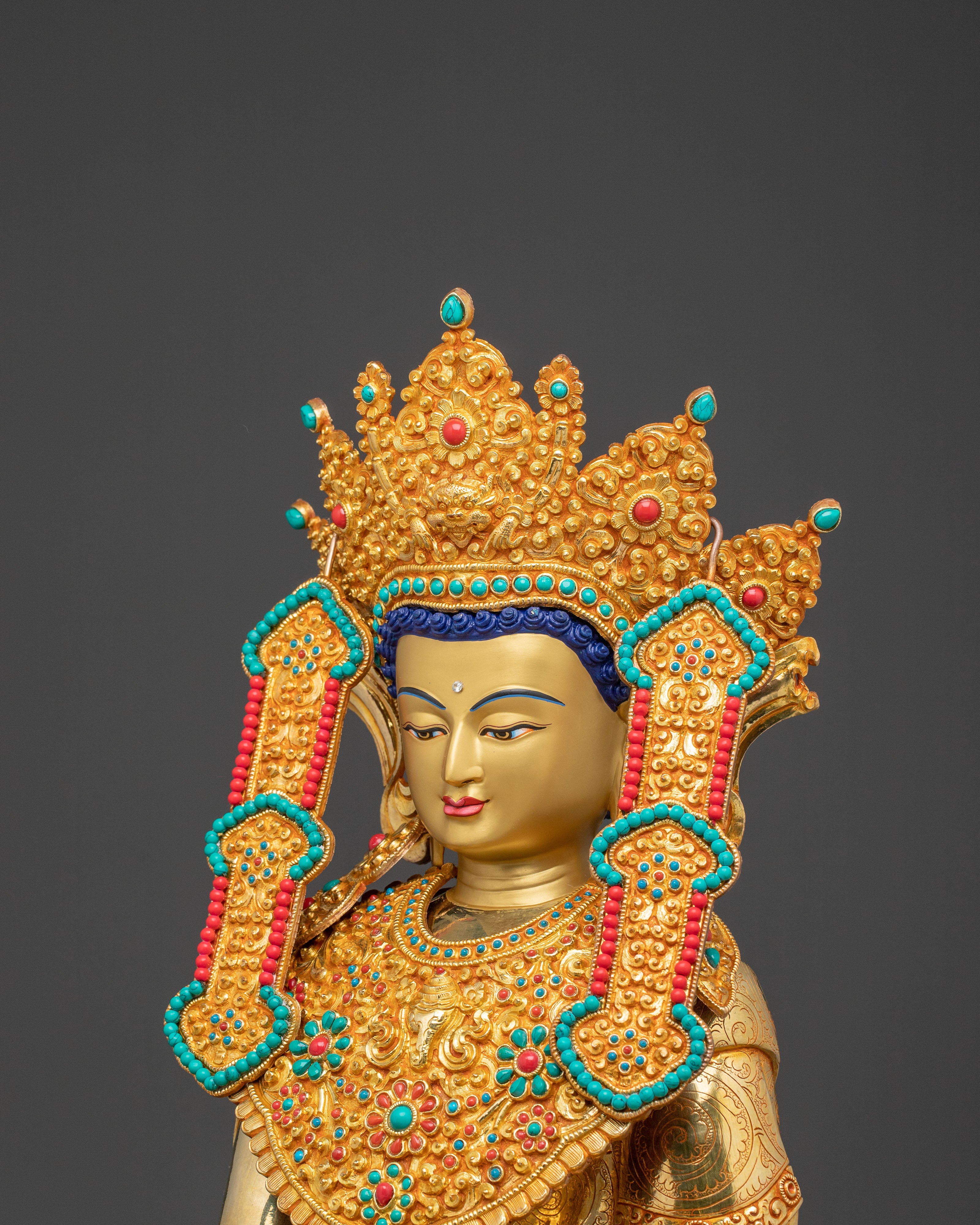 24k Gold Gilded Shakyamuni Buddha Statue with Crown