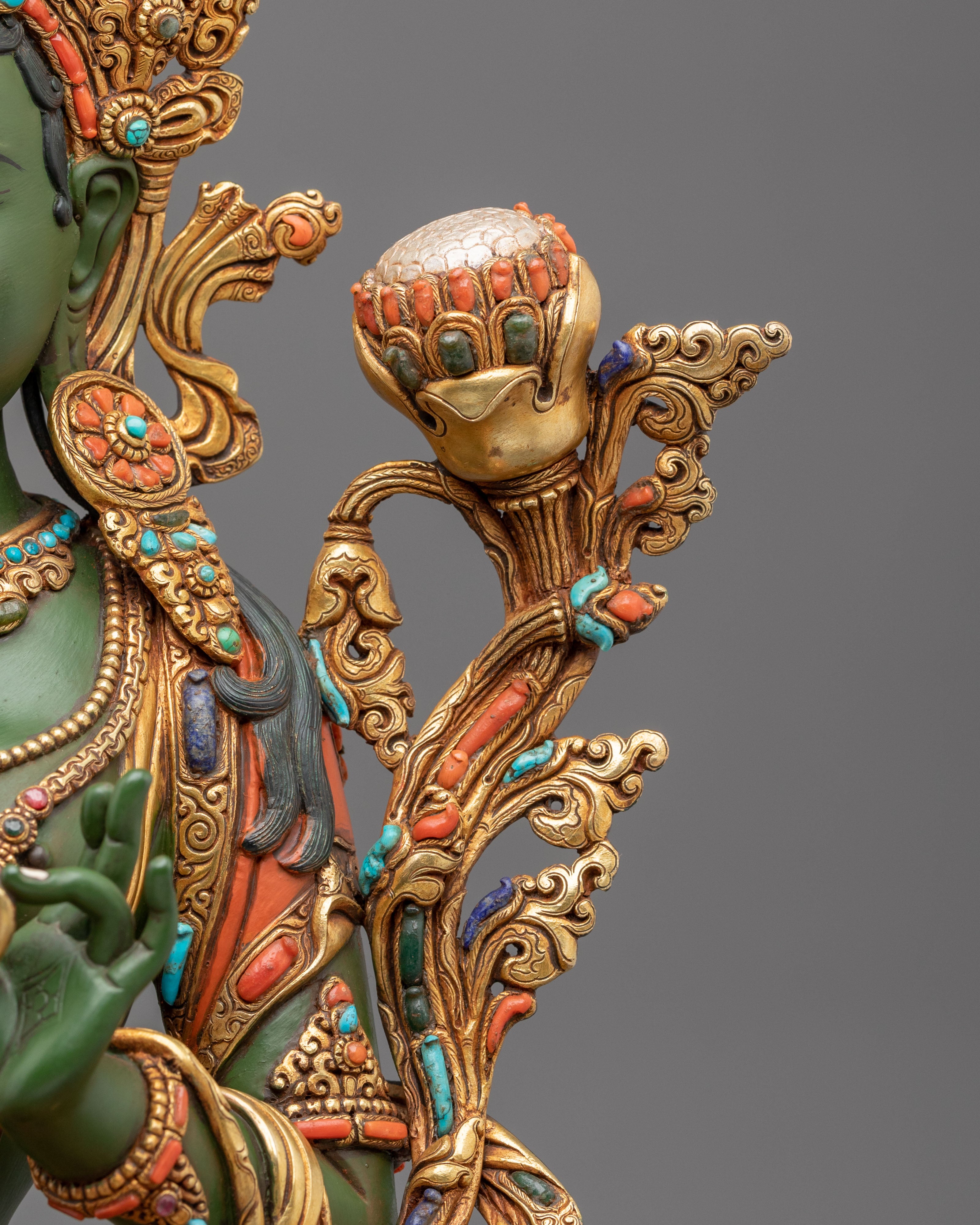 Green Tara Sculpture | Handmade Statue Adorned with Gemstones
