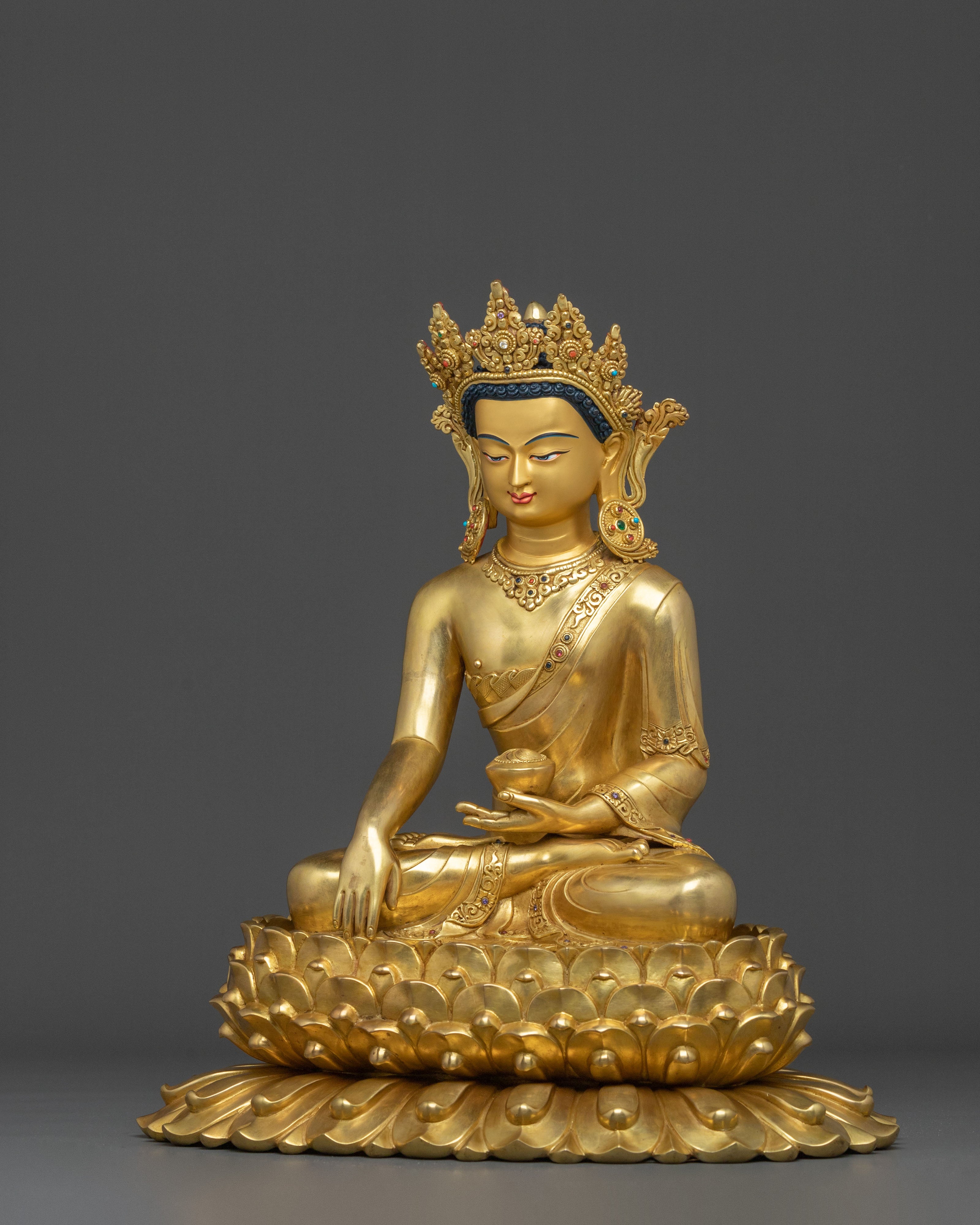 Crown Shakyamuni Buddha Statue: 24K Gold Glided Buddhist Statue