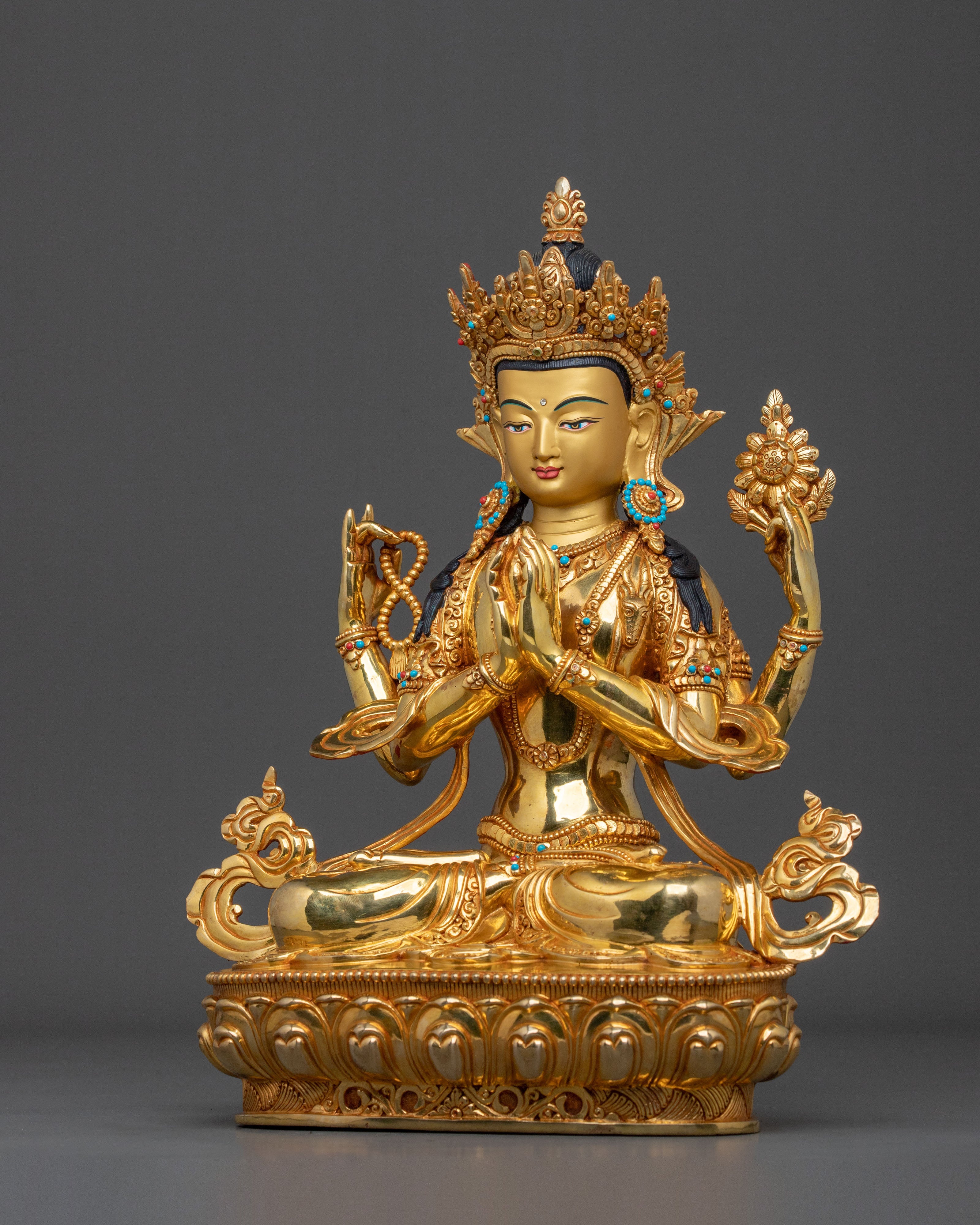 Handcrafted Four Armed Chenrezig Sculpture | Buddhist Protector Deity