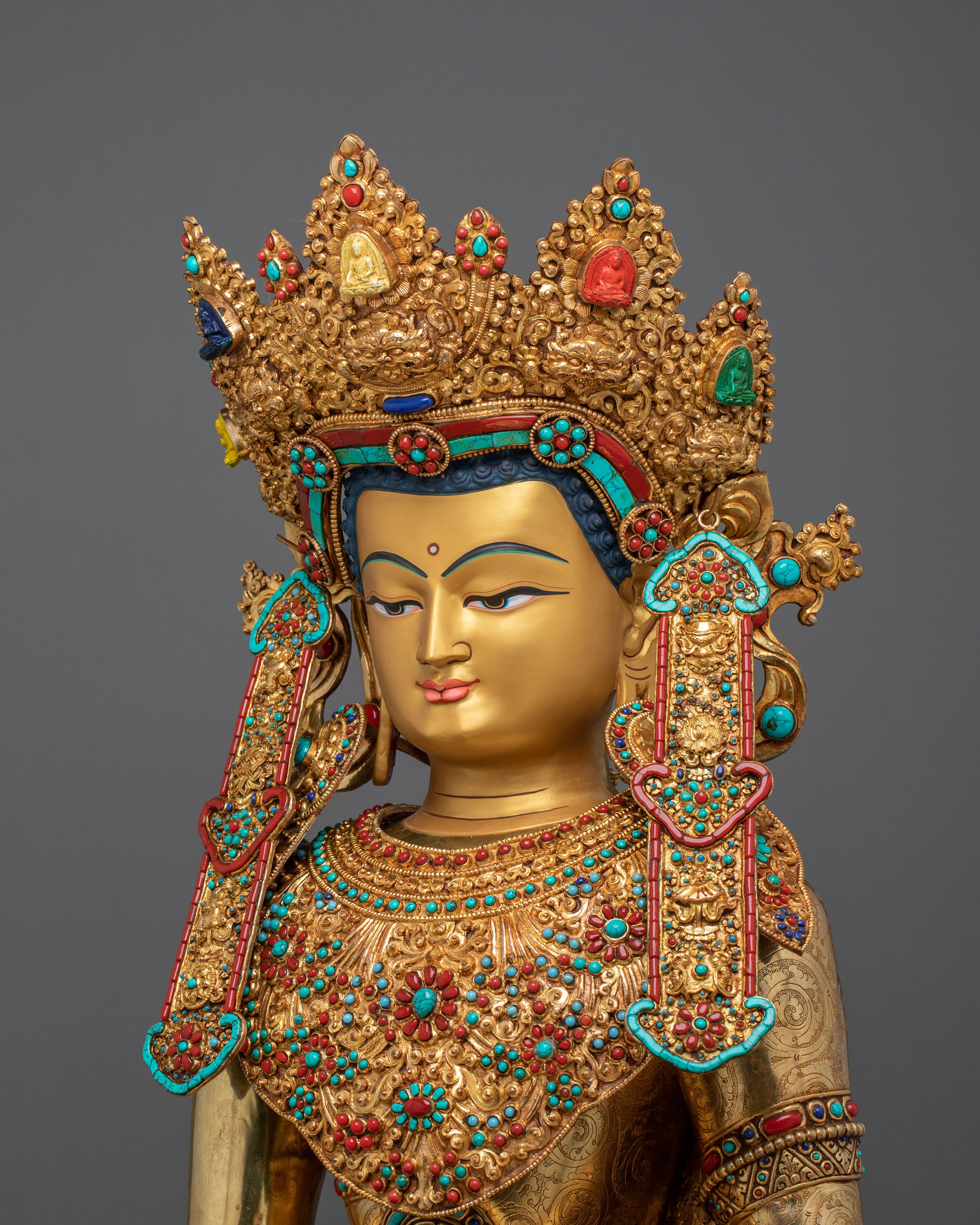 Crown Shakyamuni Buddha Sculpture | 24K Gold Gilded Artistry
