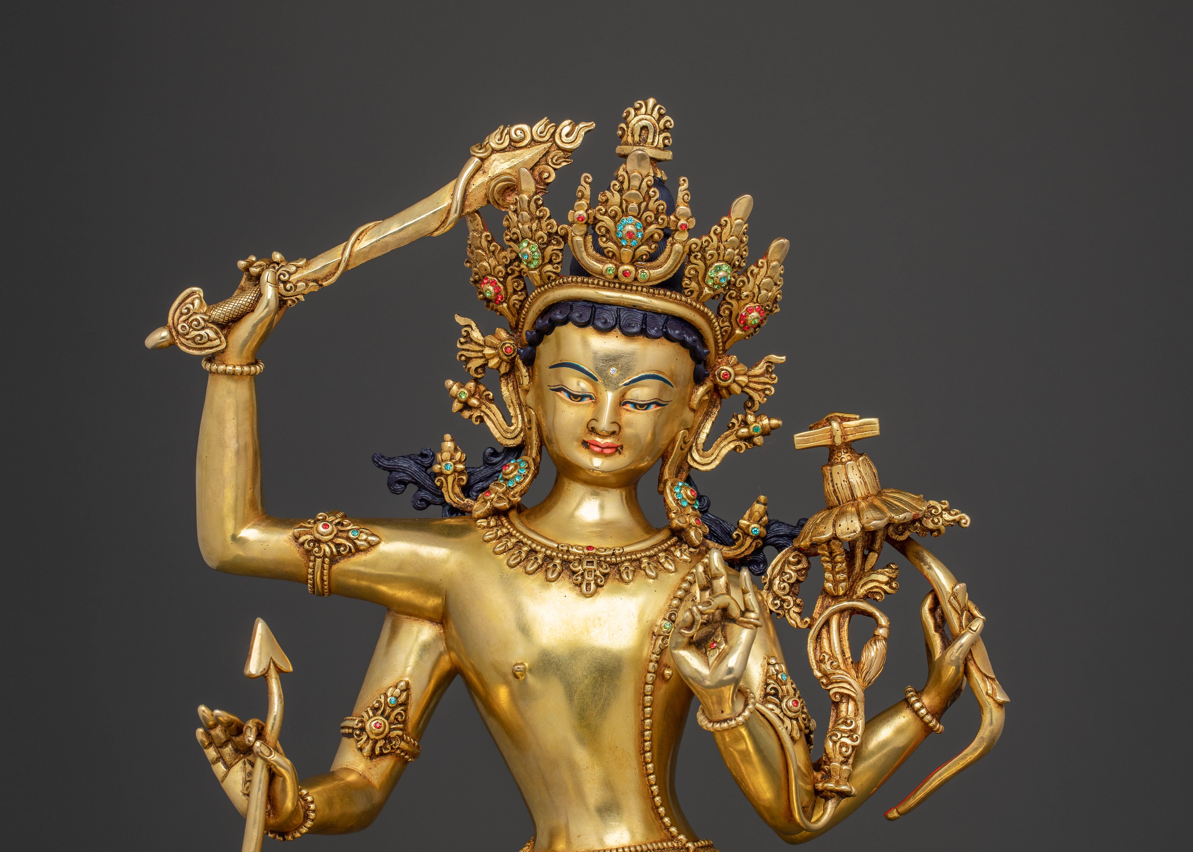 24k Gold Gilded Maha Manjushri Statue – Exquisite Himalayan Art