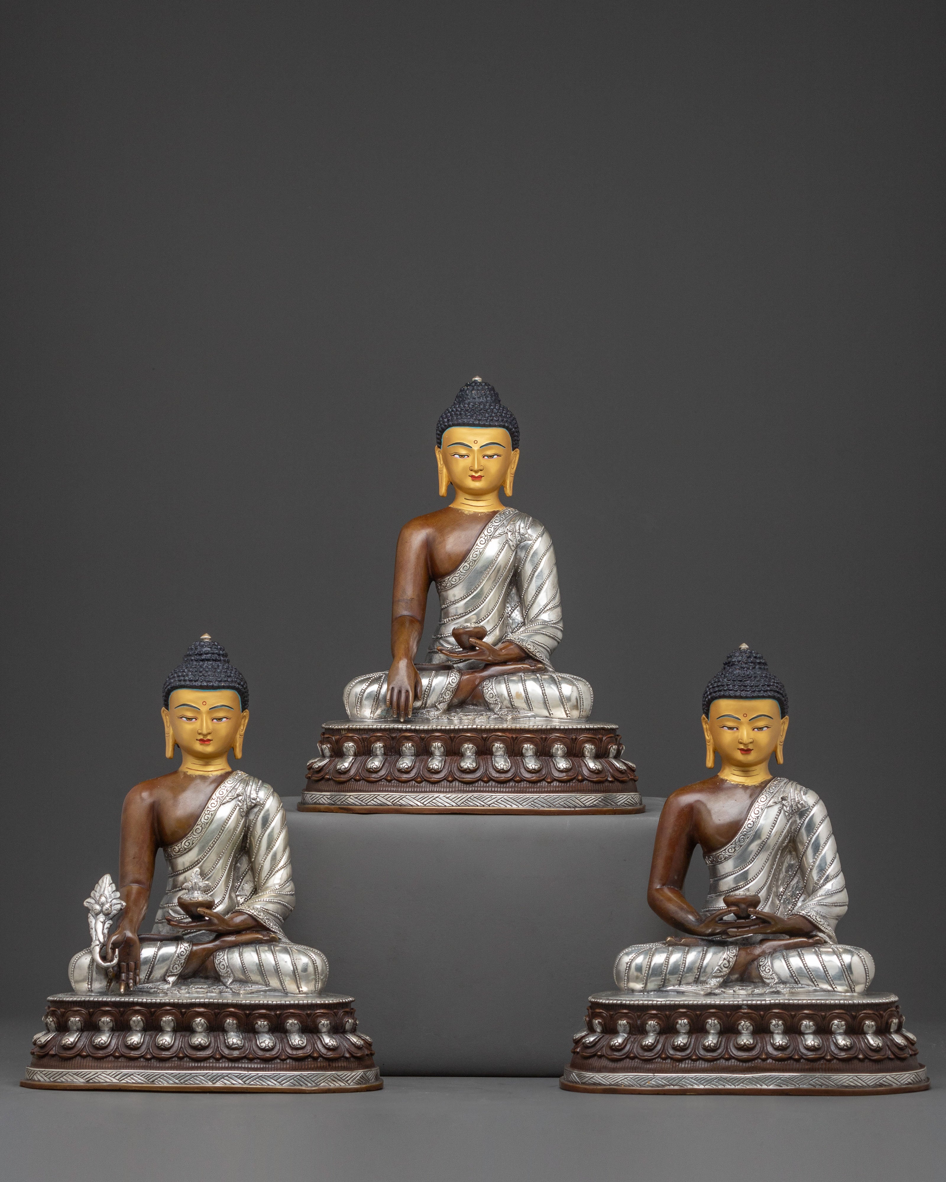 A Sacred Copper Statue Set of the Three Buddhas with 24K Gold Gilding