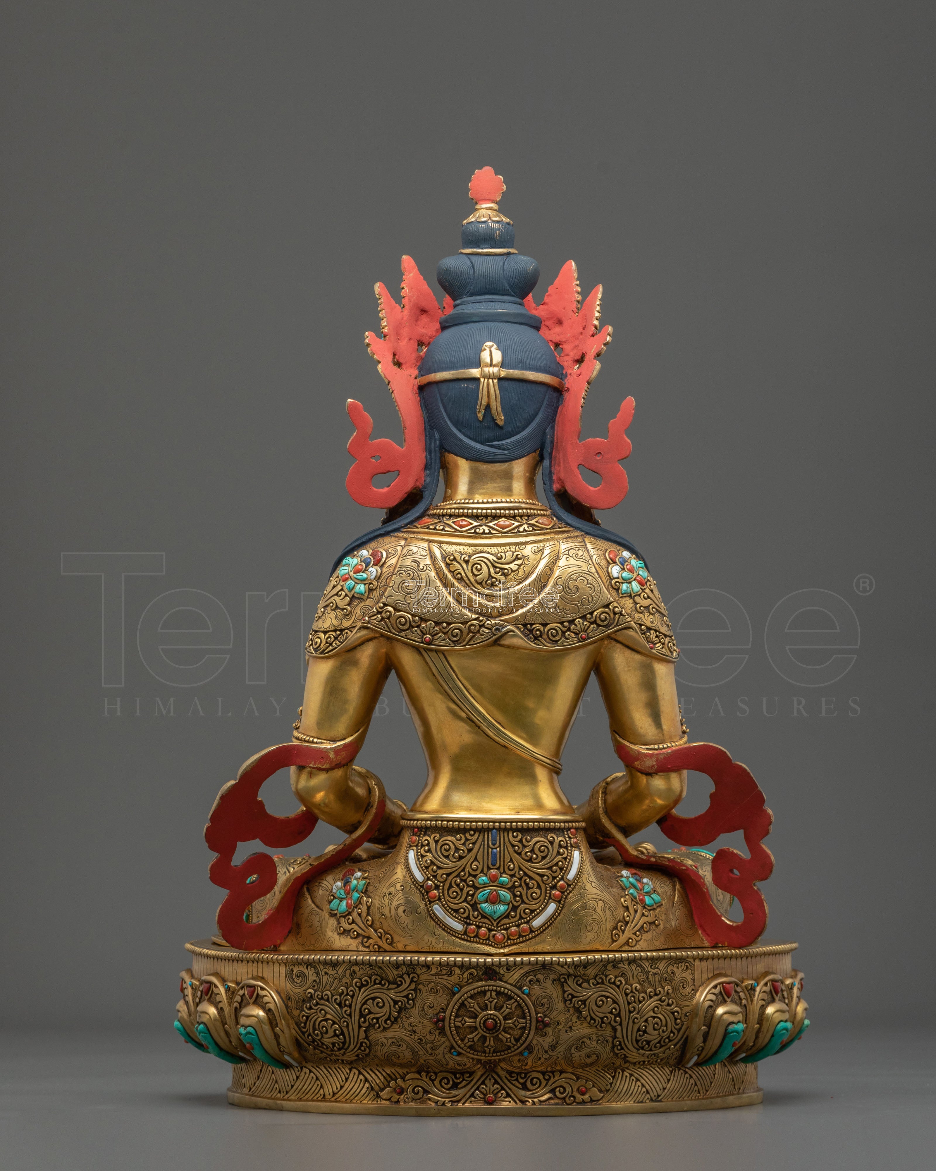 24K Gold Gilded Copper Amitayus Statue with Gemstones | Buddha of Infinite Life