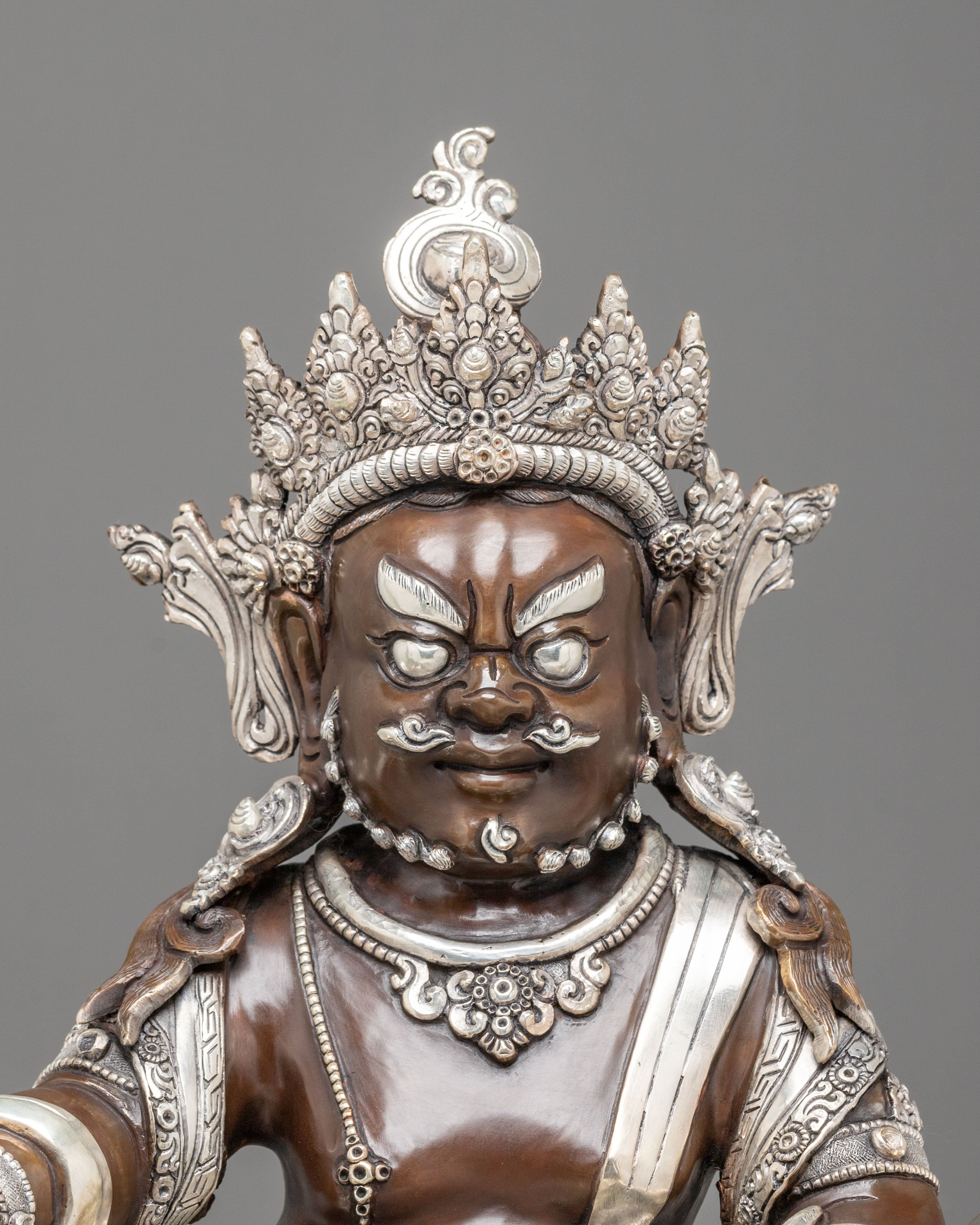 Dzambhala Statue on Throne | Oxidized Copper Figurine with Silver Plating