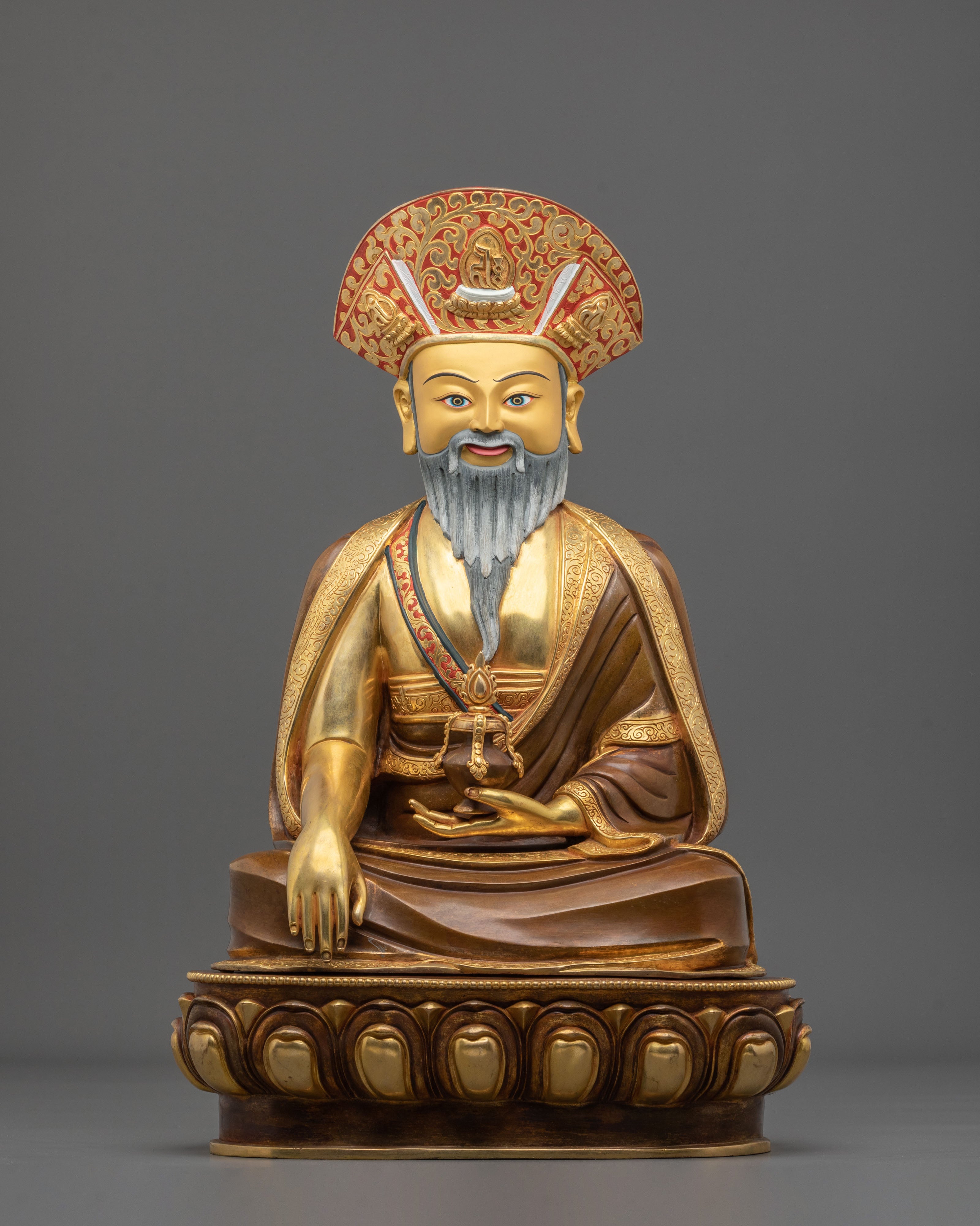 Buddhist Master Guru Shapdum Sculpture |  24K Gold Gilded Copper Statue