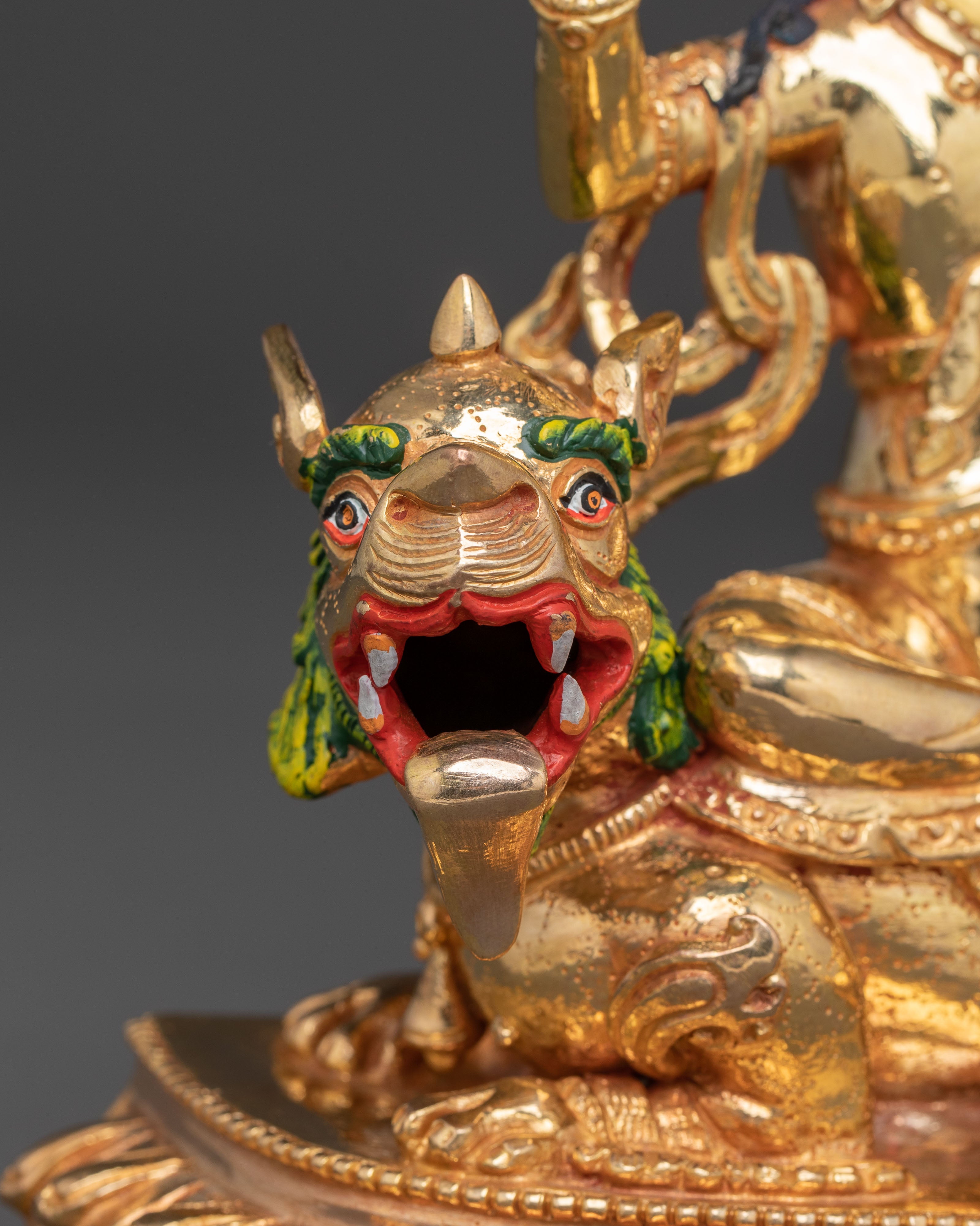 Handmade Simhanada Manjushri Golden Statue - Radiant Wisdom Art