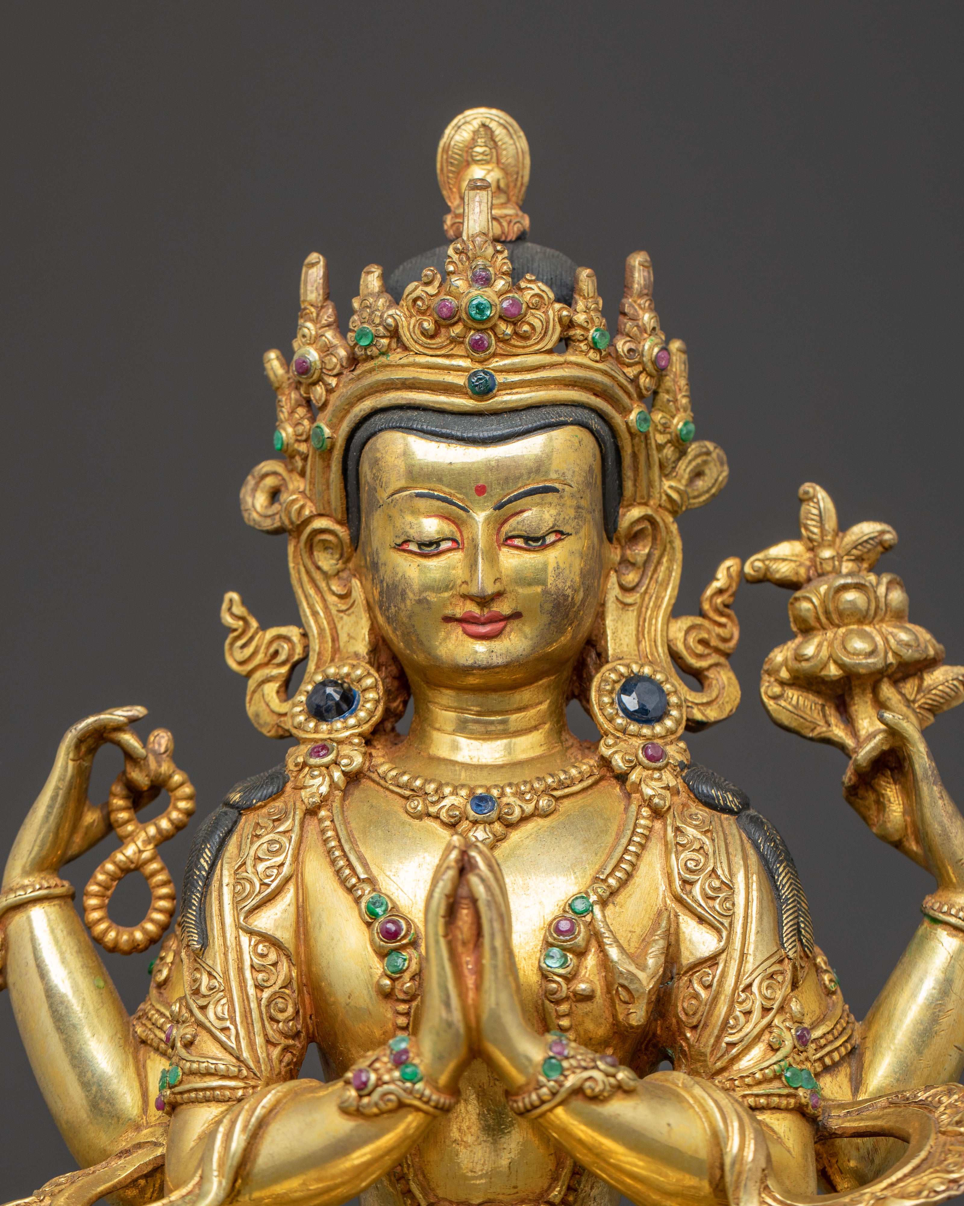 Handmade Chenrezig Copper Body Statue | Tibetan Deity of Compassion
