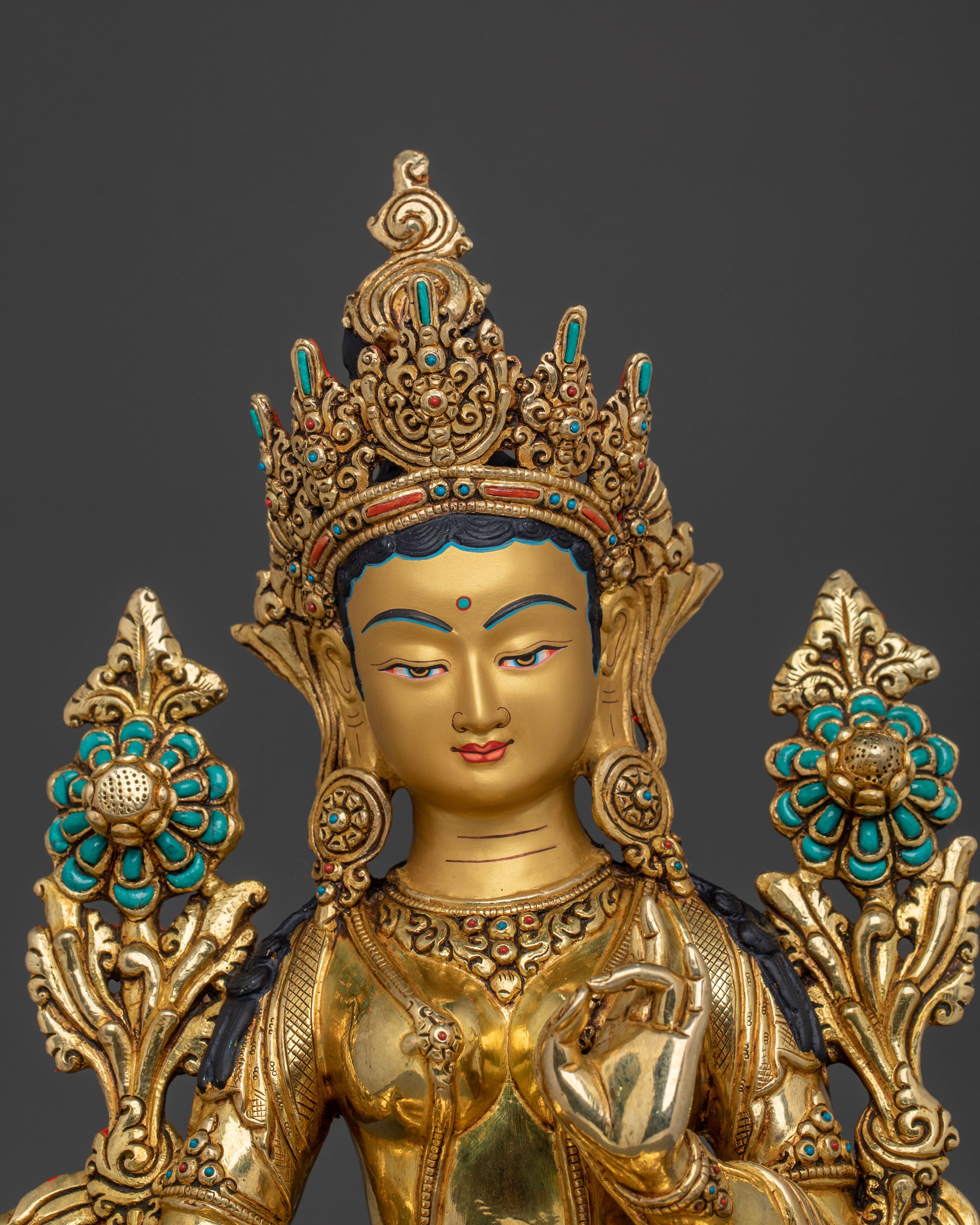Green Tara Tibetan Buddhist Statue | 24k Gold Glided Buddhist Statue