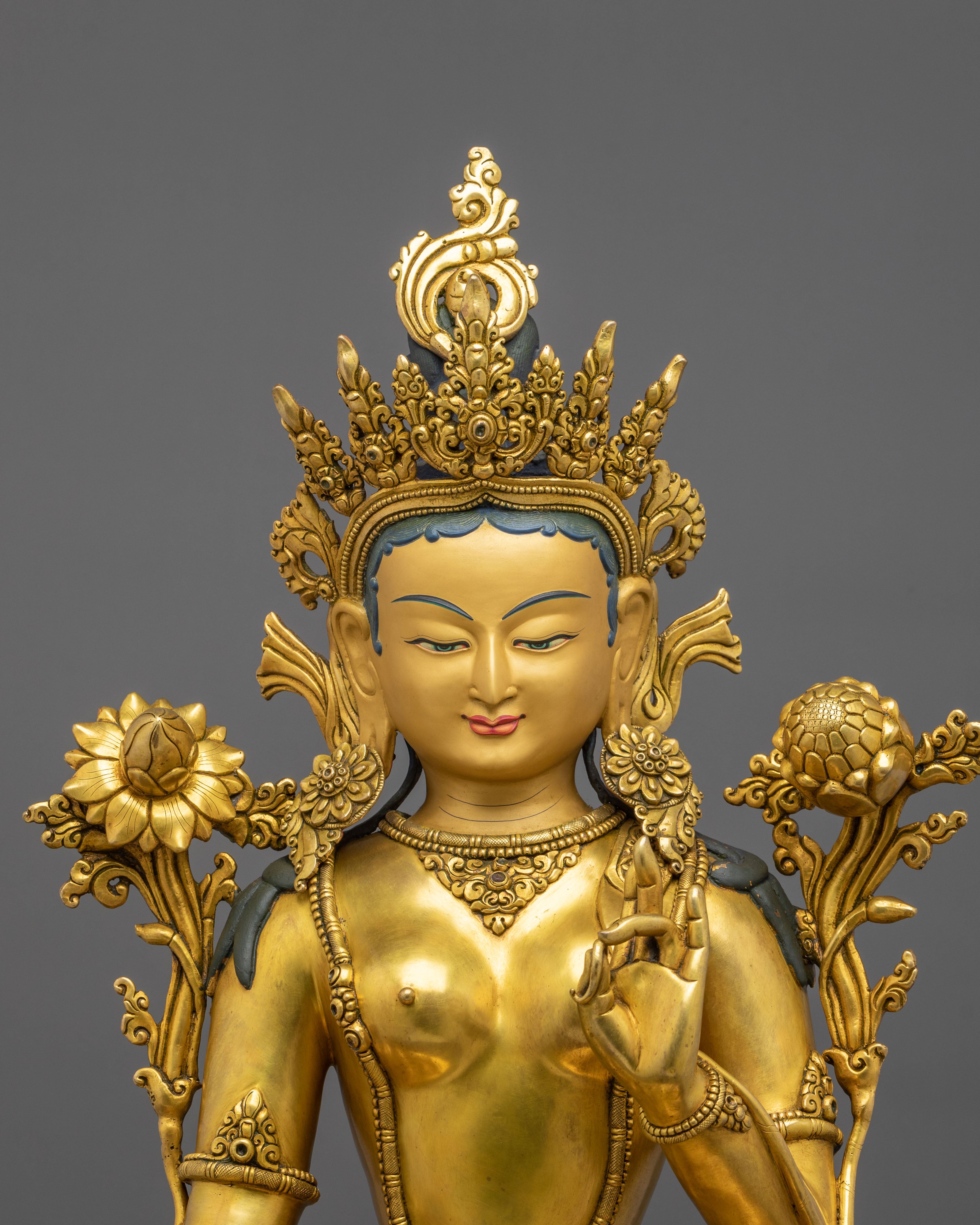 Green Tara Statue Goddess of Protection |  24K Gold Gilded Copper Sculpture