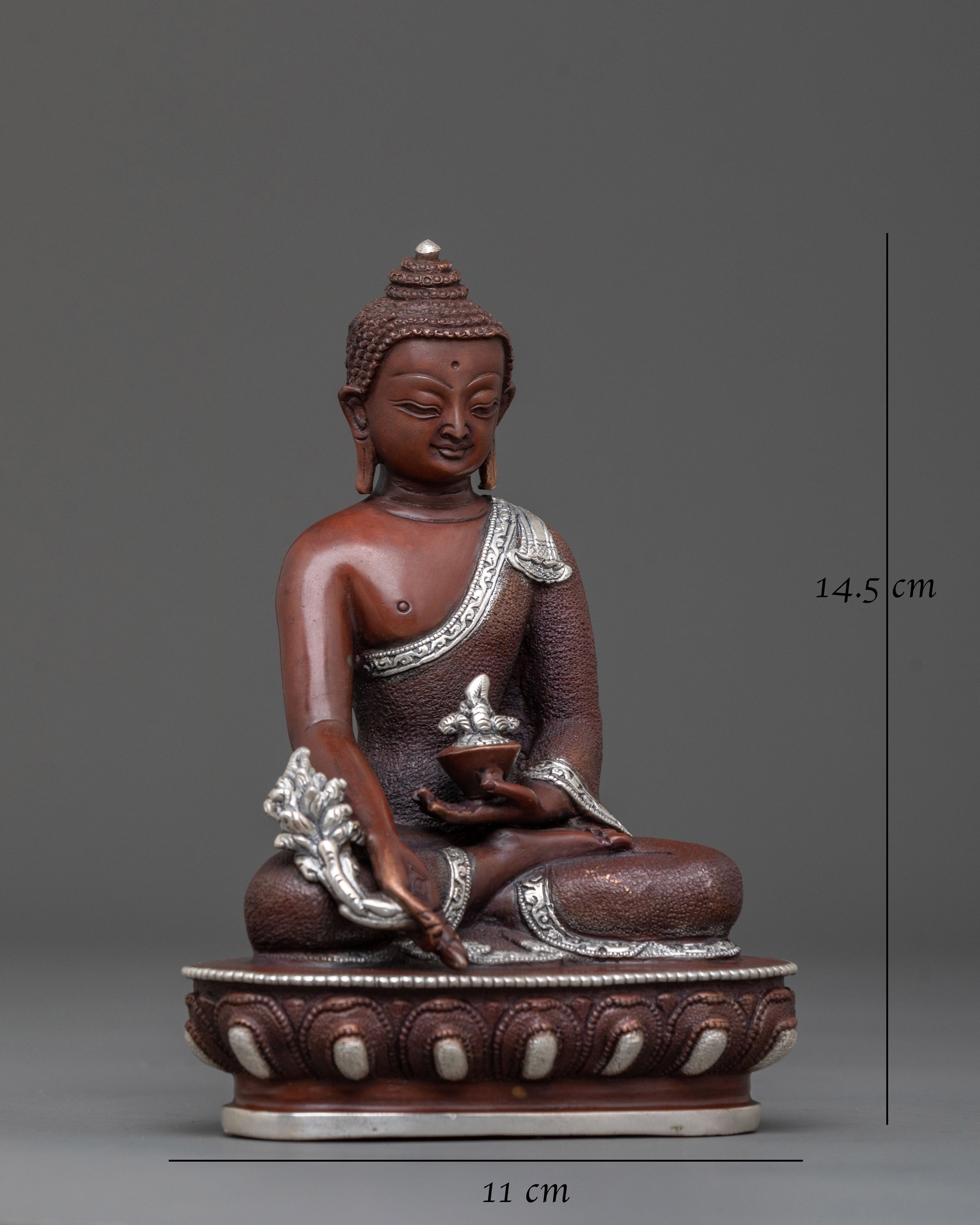 Healing Deity Medicine Buddha Statue in Silver and Oxidized Copper