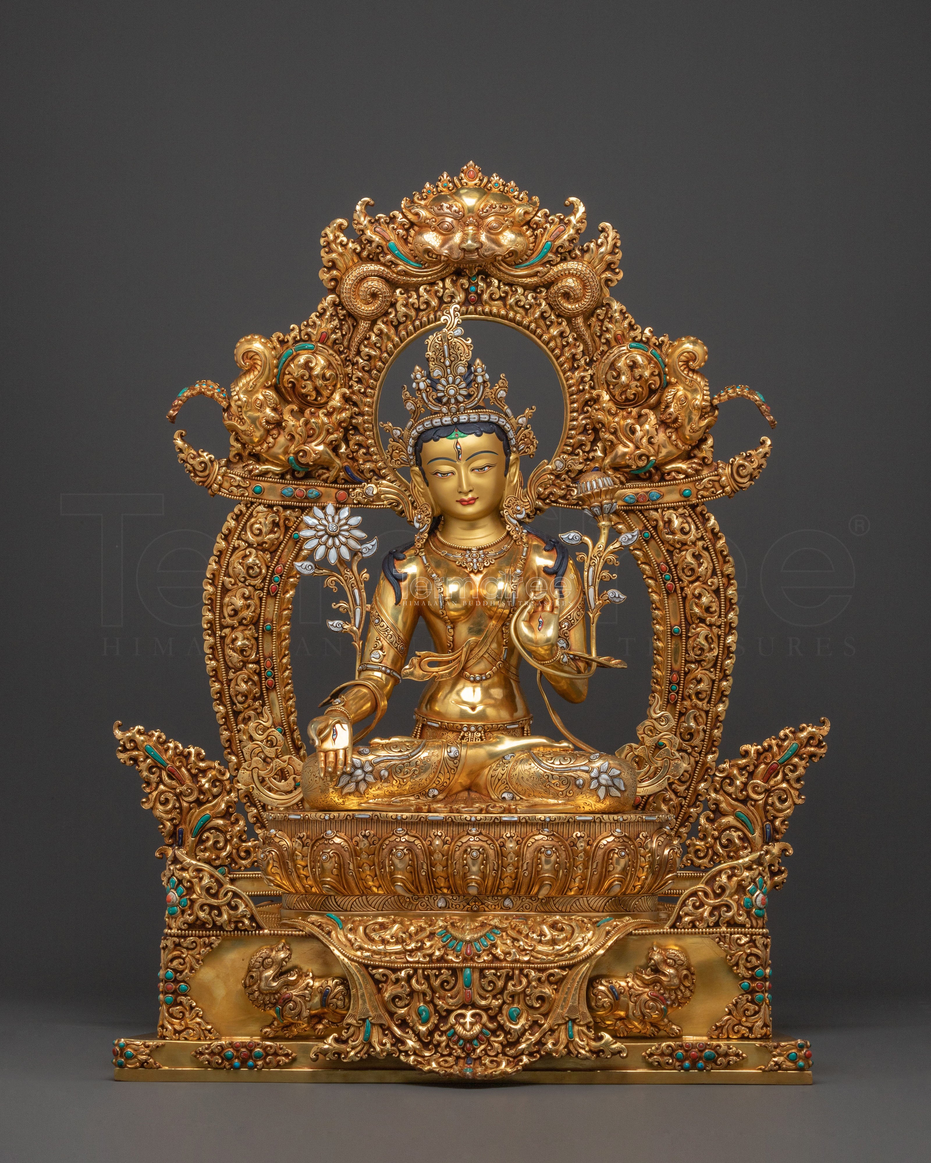 Exquisite 24K Gold Gilded White Tara Statue Seated on Throne