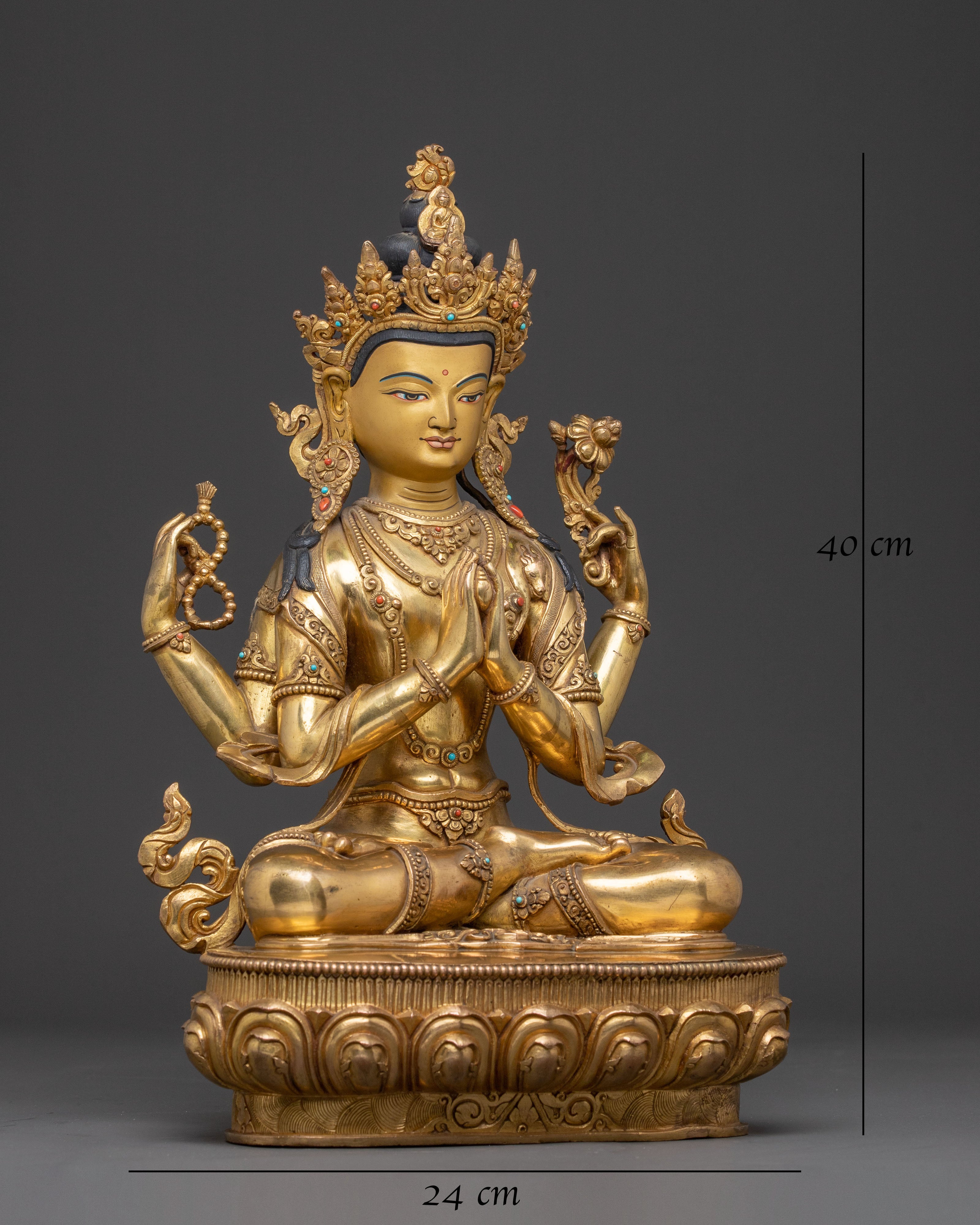 Handcrafted Chenrezig Golden Statue | Tibetan Bodhisattva of Compassion