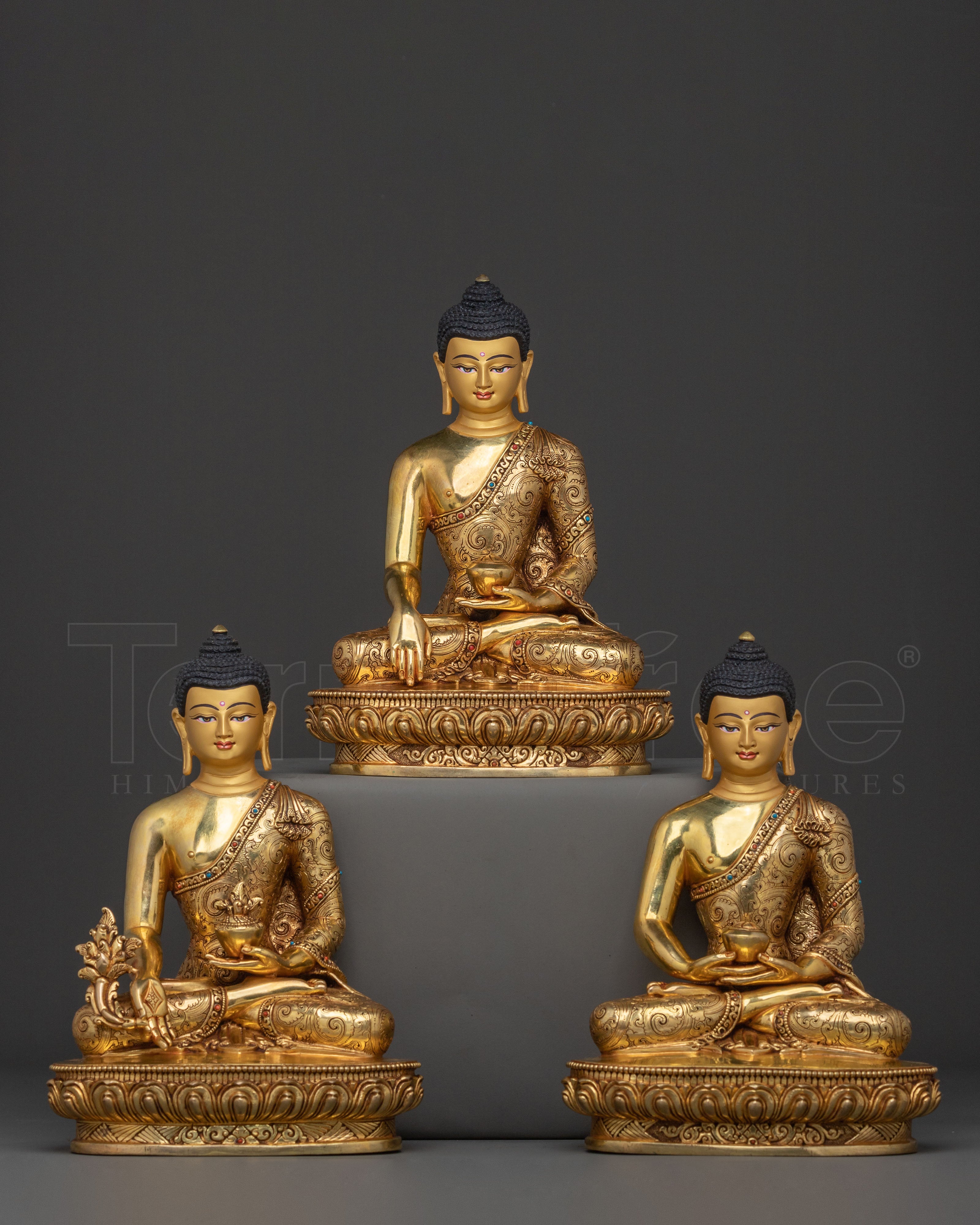 Golden Three Buddhas Spiritual Statue Set
