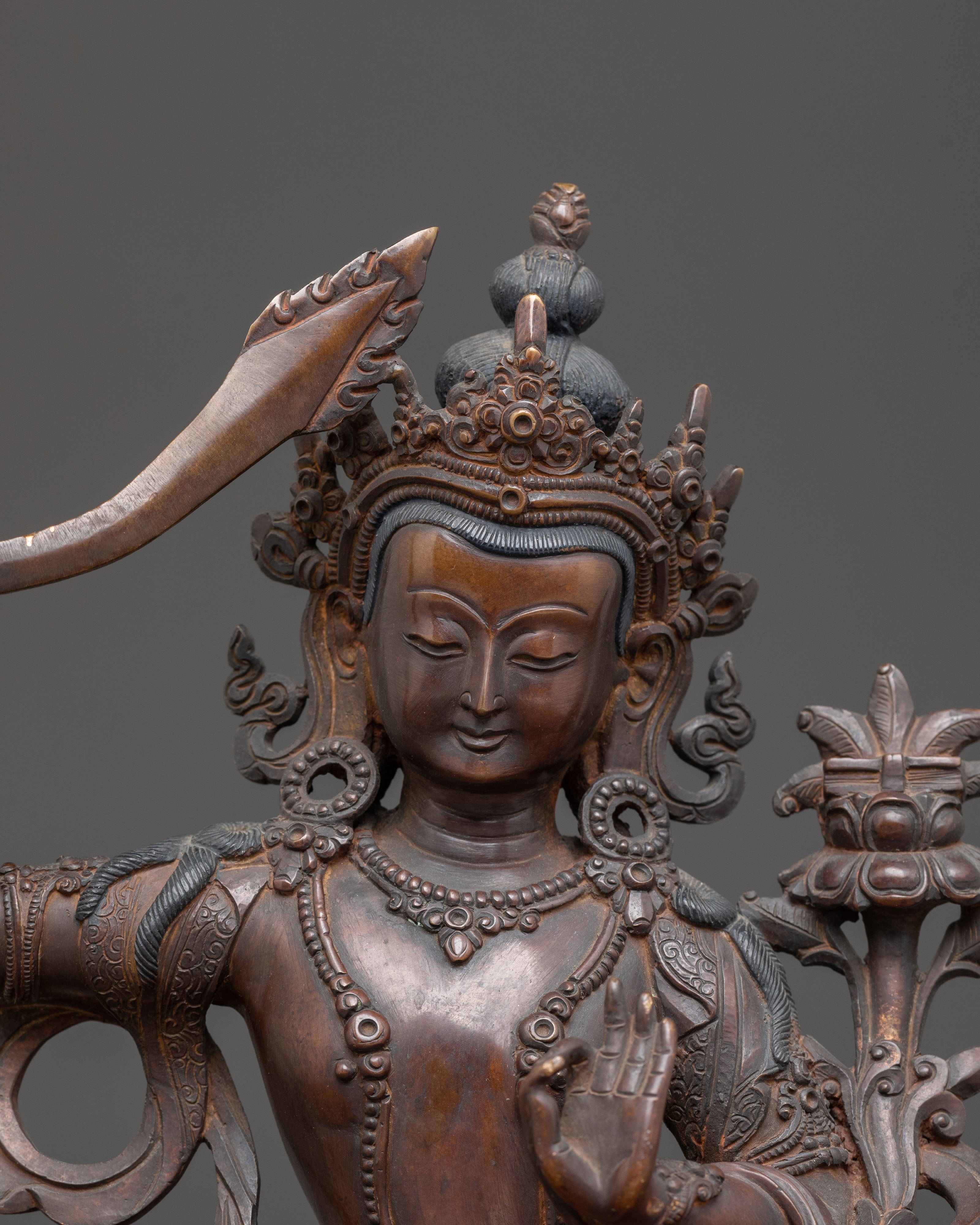 Handcrafted Manjushri Statue of Wisdom | Antique Copper Finish