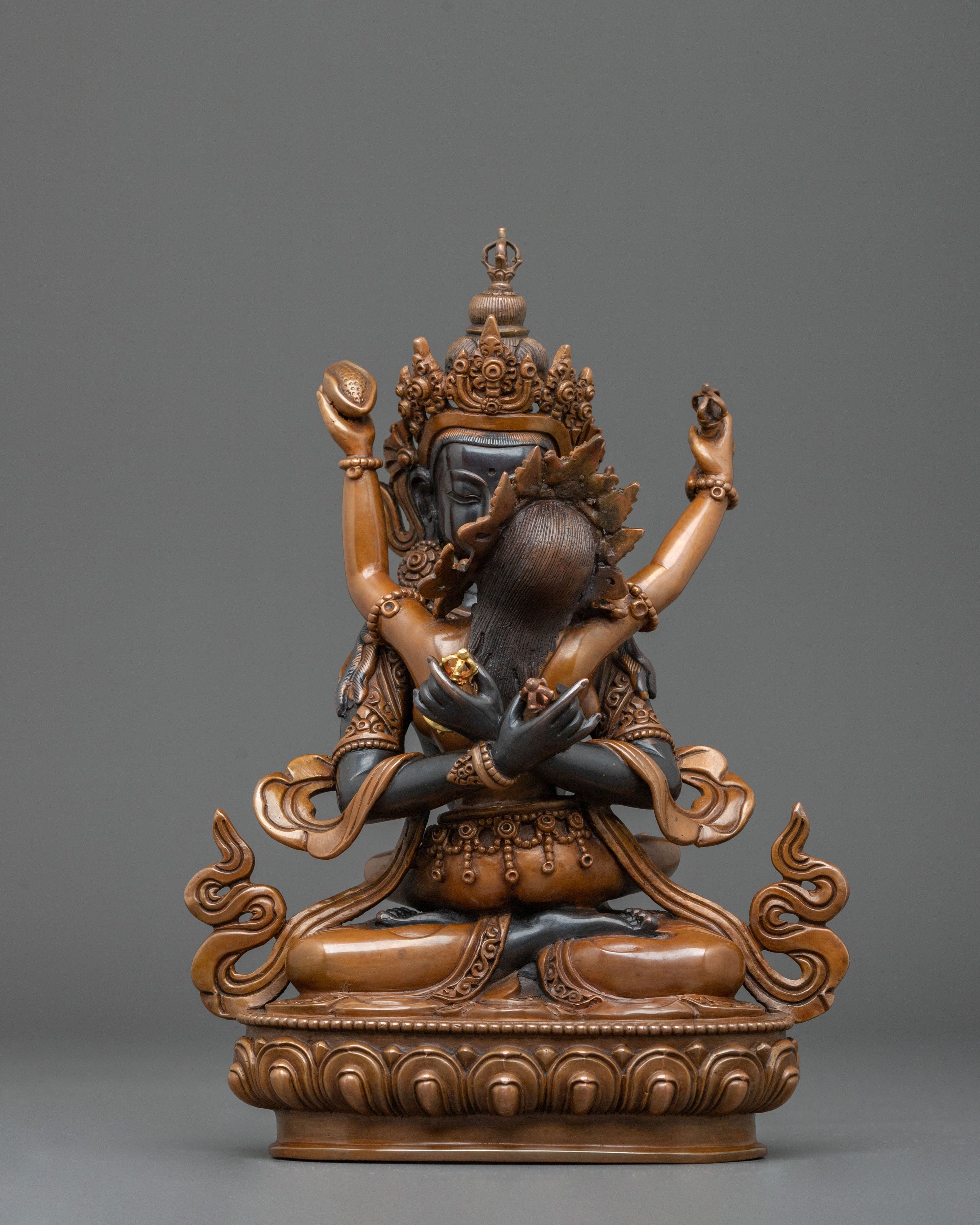 Vajradhara Sacred Sculpture with Consort: Oxidized Copper Staue