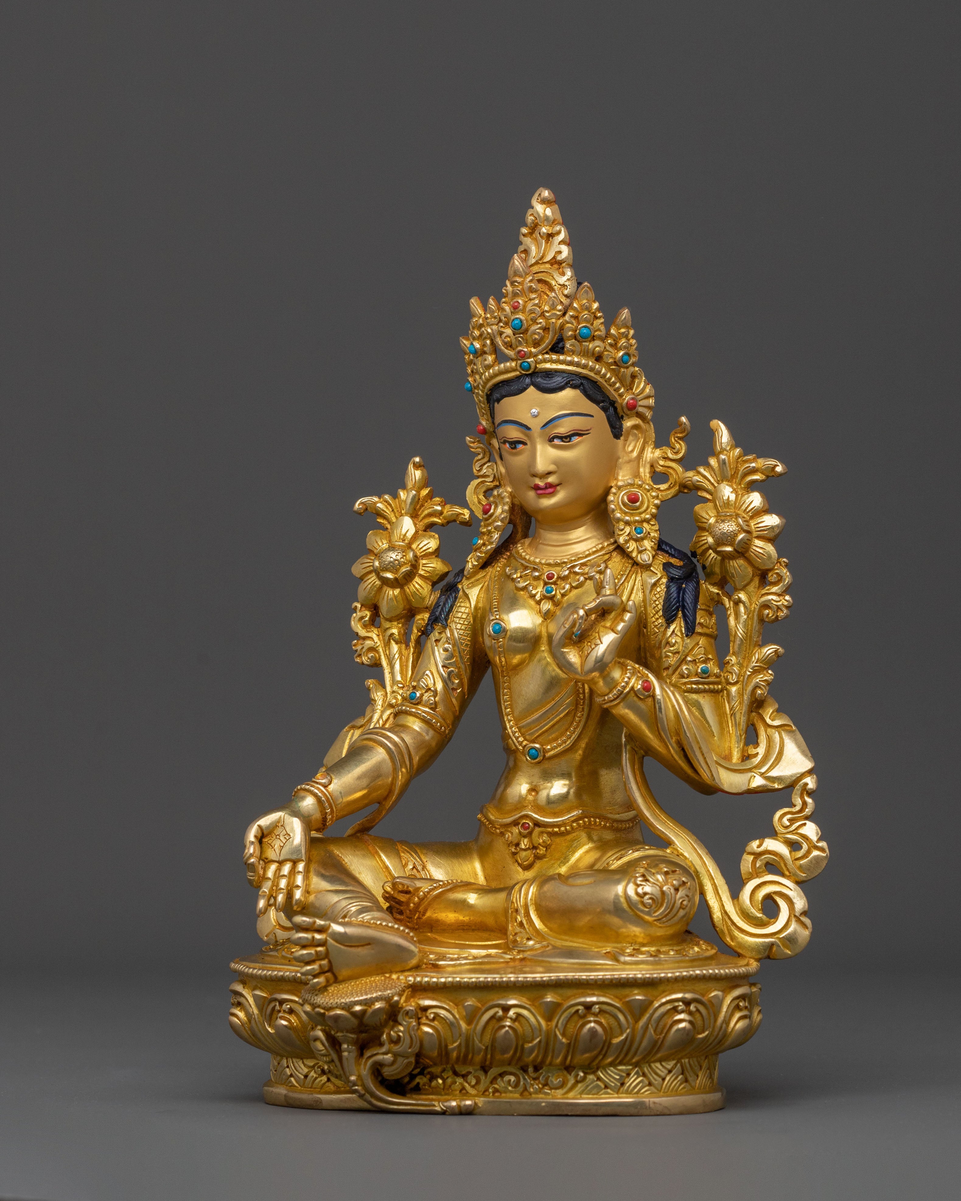 Handcrafted Green Tara Figure with 24K Gold Gilding